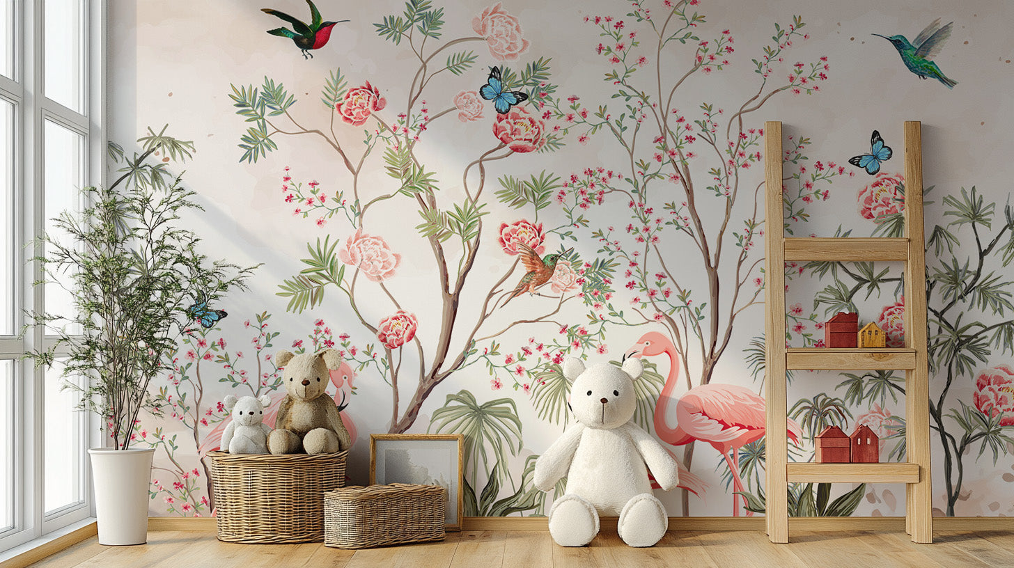 Flamingo and floral chinoiserie garden mural