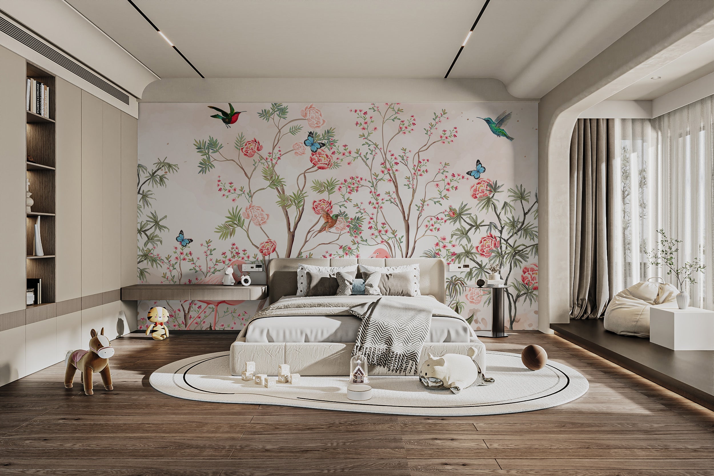 Oriental garden wallpaper with flamingo accents