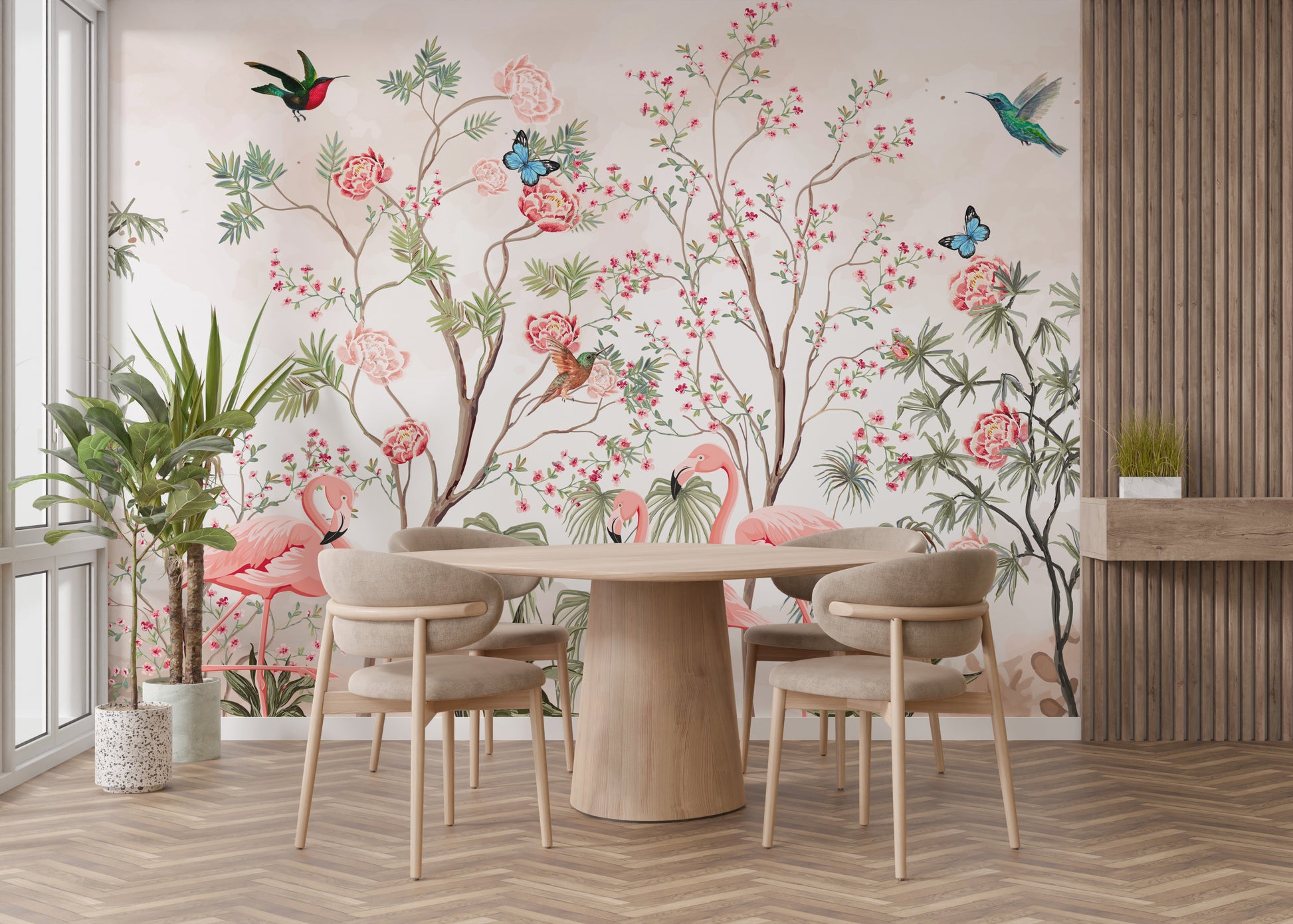 Tropical flamingo wallpaper with floral branches