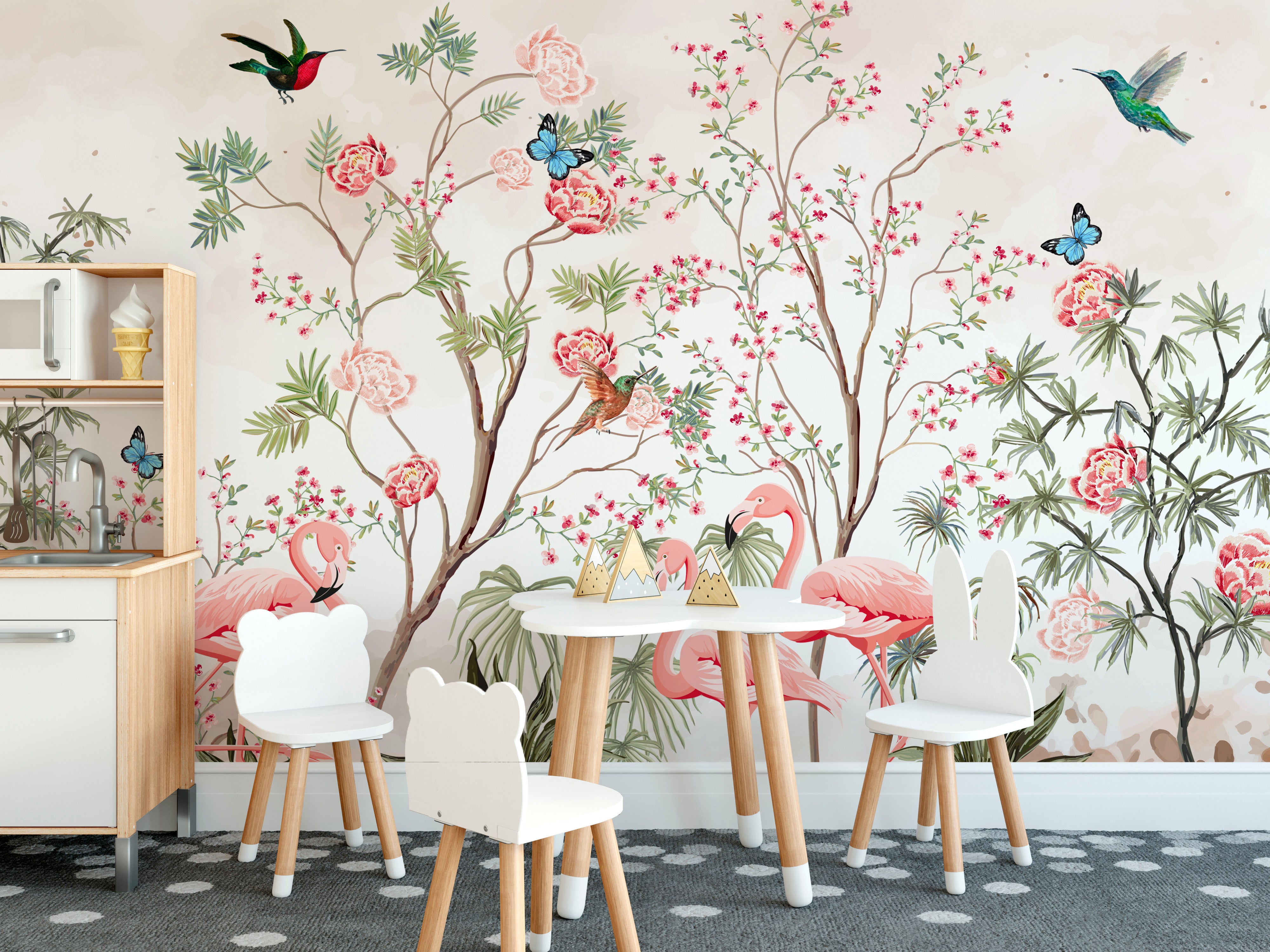 Pink flamingo and peony garden chinoiserie mural