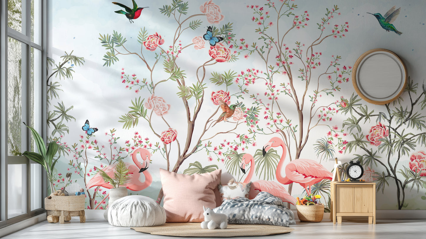 Oriental garden wallpaper with birds and blossoms