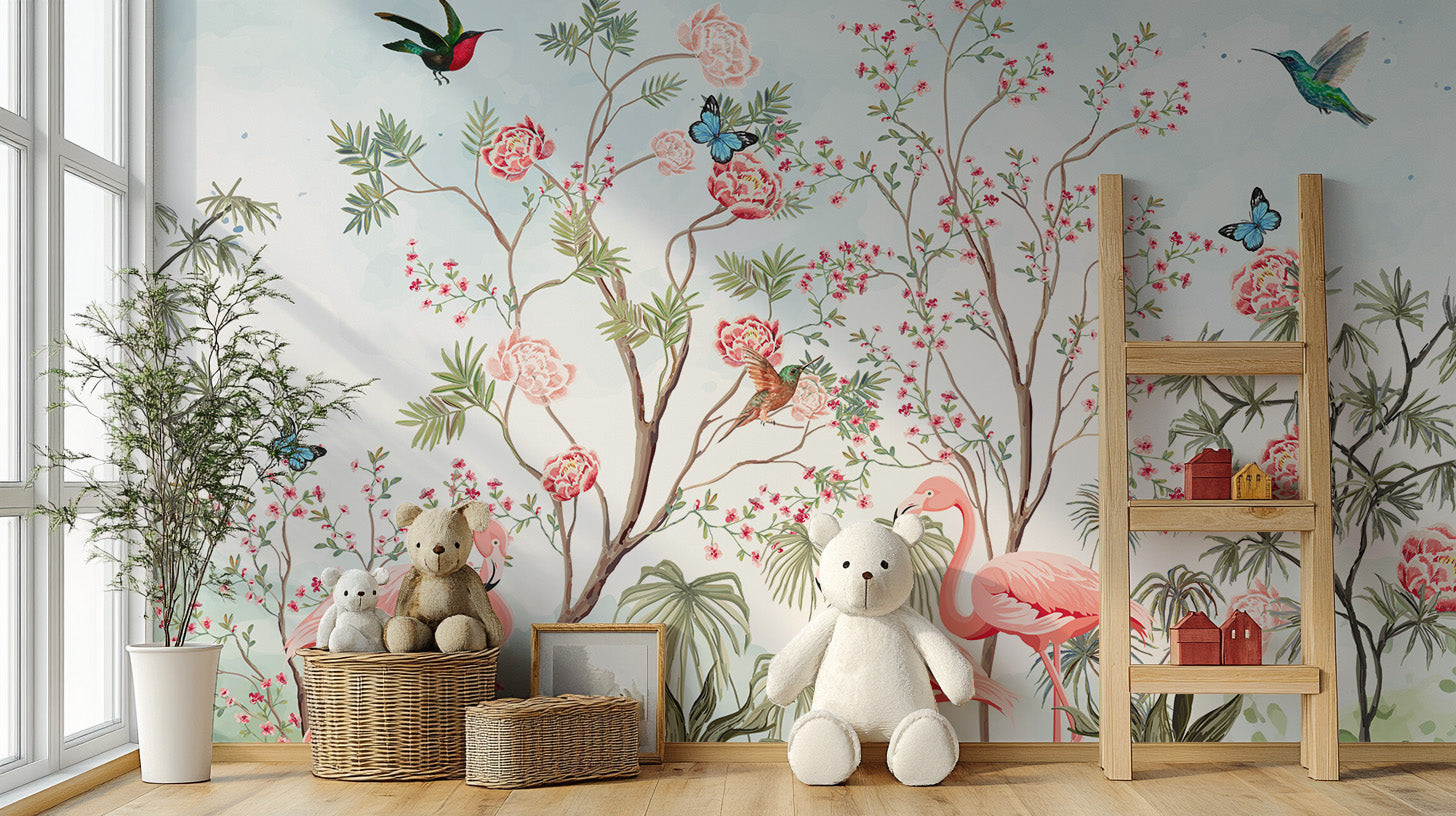 Vintage chinoiserie style mural with flamingos