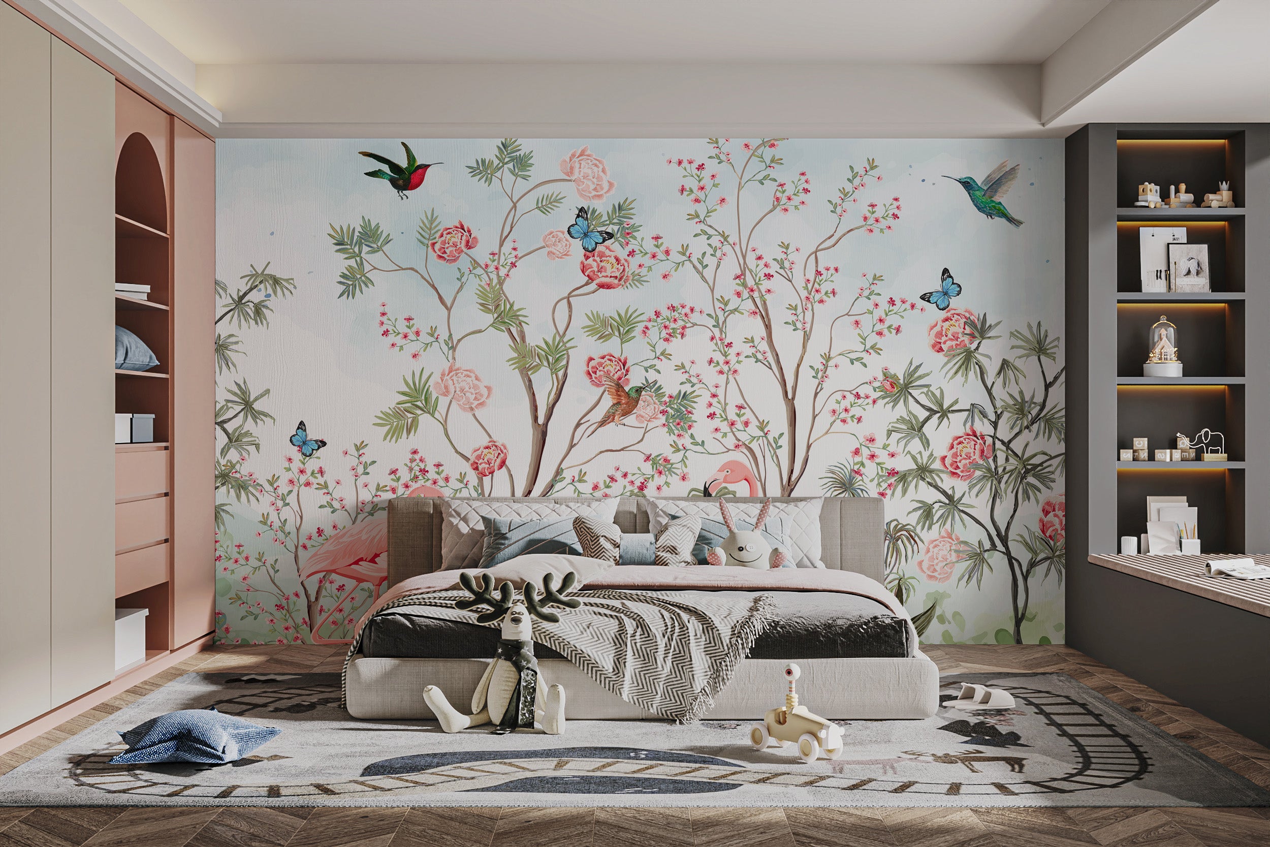 Elegant blue chinoiserie garden wallpaper design