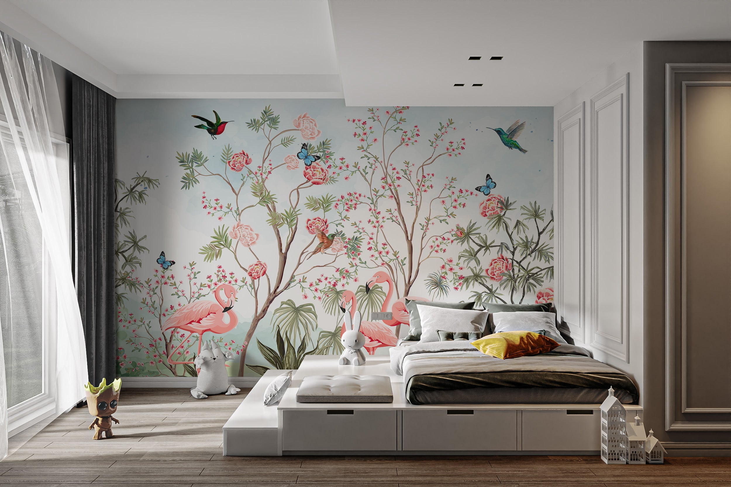 Tropical birds and pink blossoms chinoiserie mural