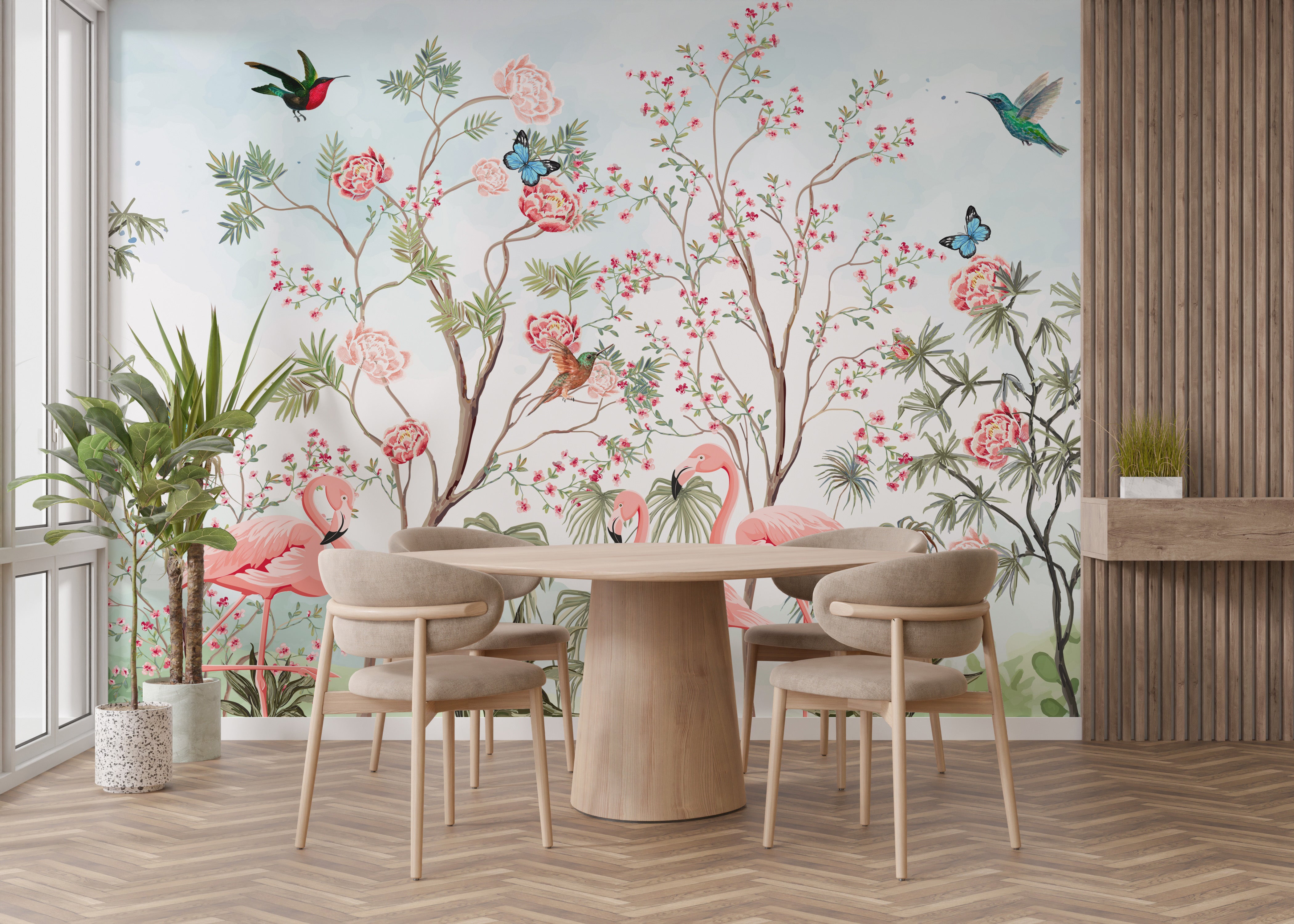 Graceful flamingos in a chinoiserie floral scene