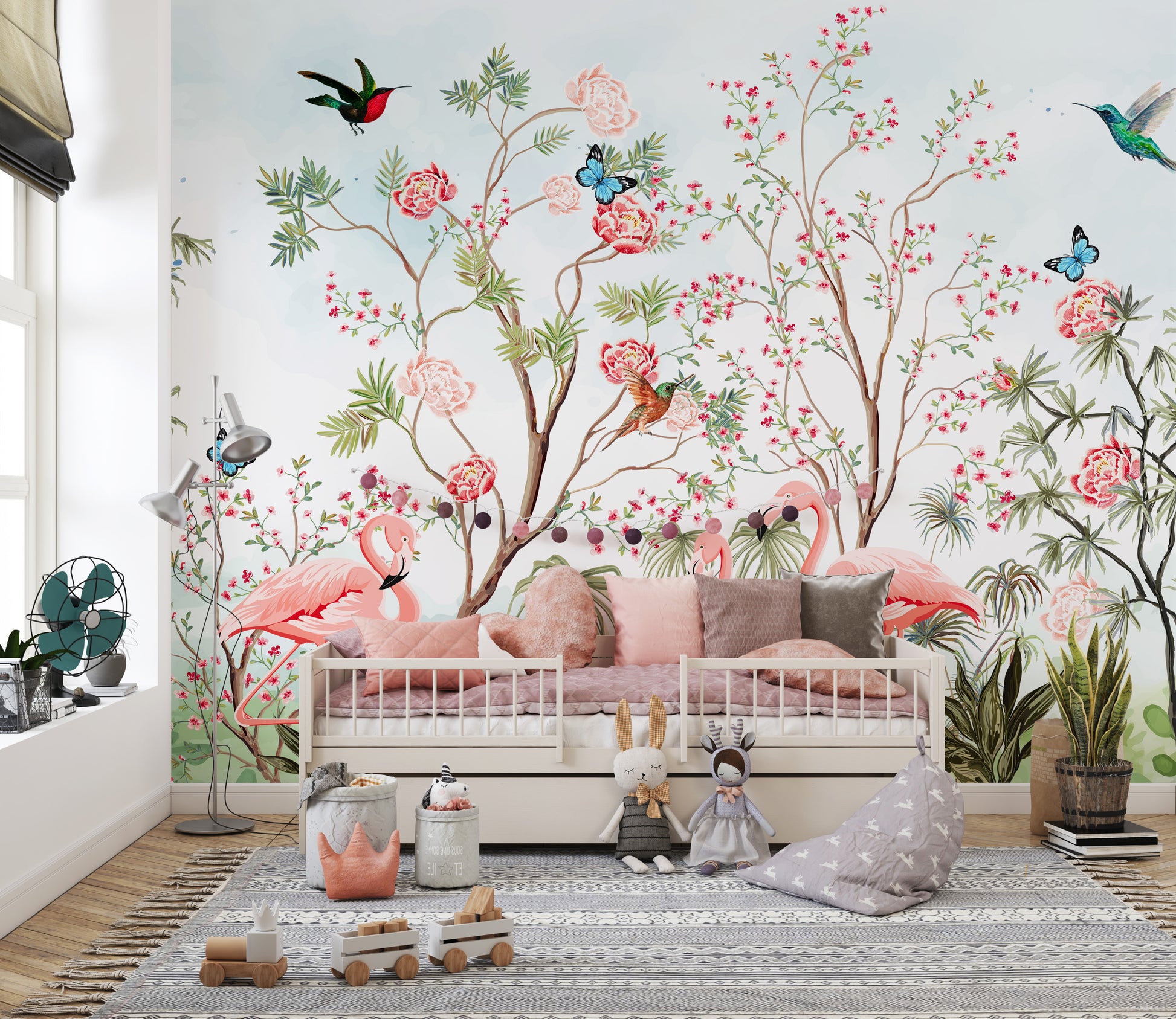 Chinoiserie flamingo wallpaper with blue backdrop