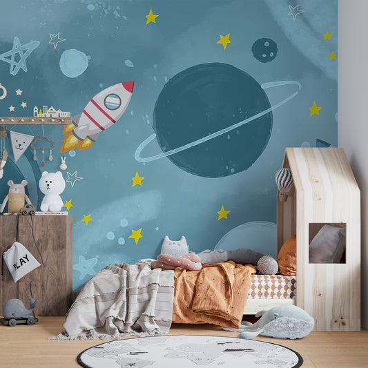 Explore space with Galactic Adventure mural wallpaper.