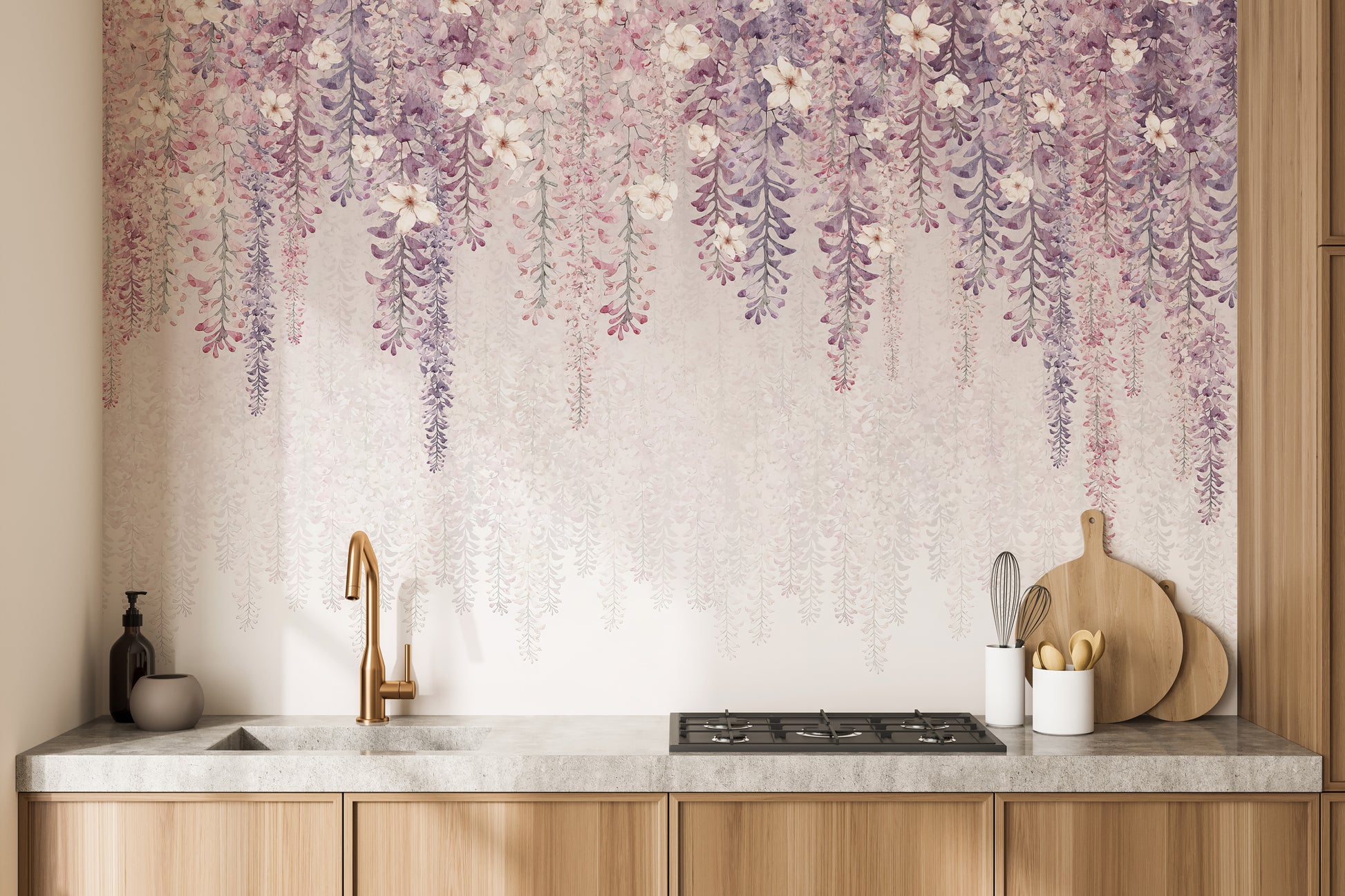 Floral watercolor wallpaper featuring soft wisteria