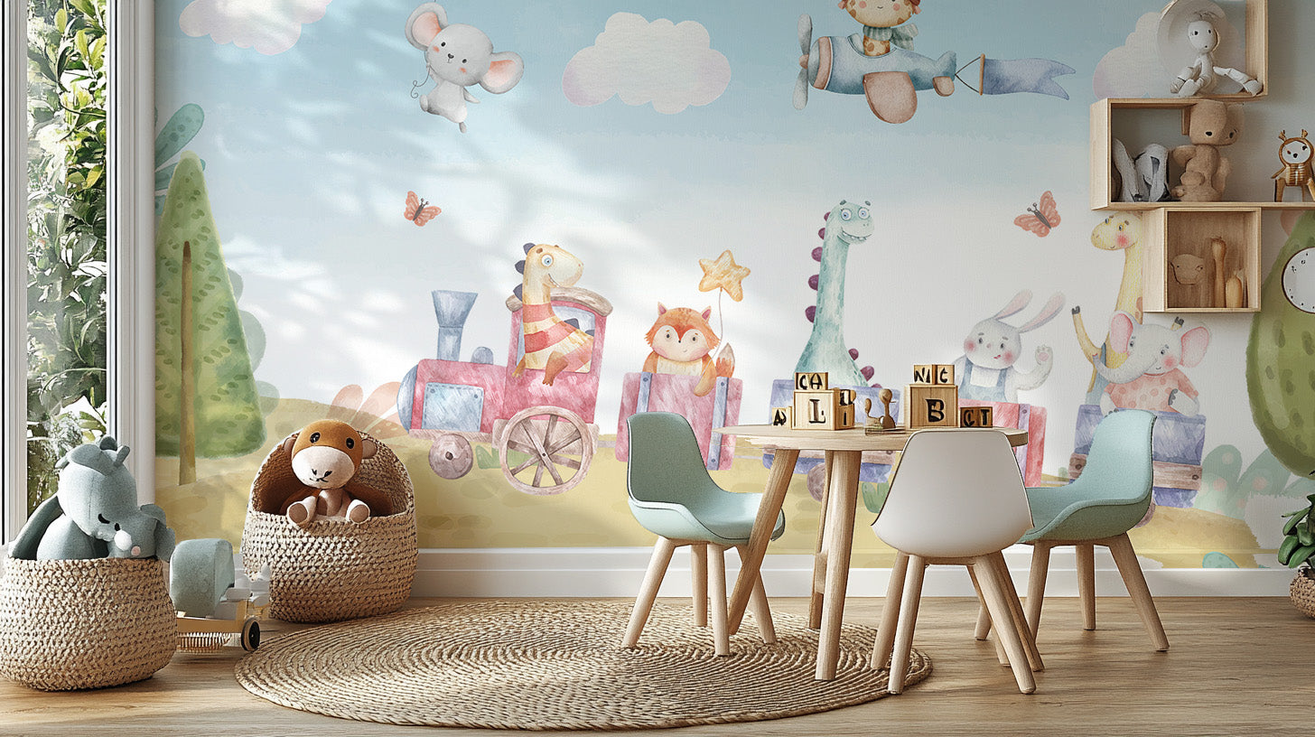 Cheerful animal train mural with dreamy scenery