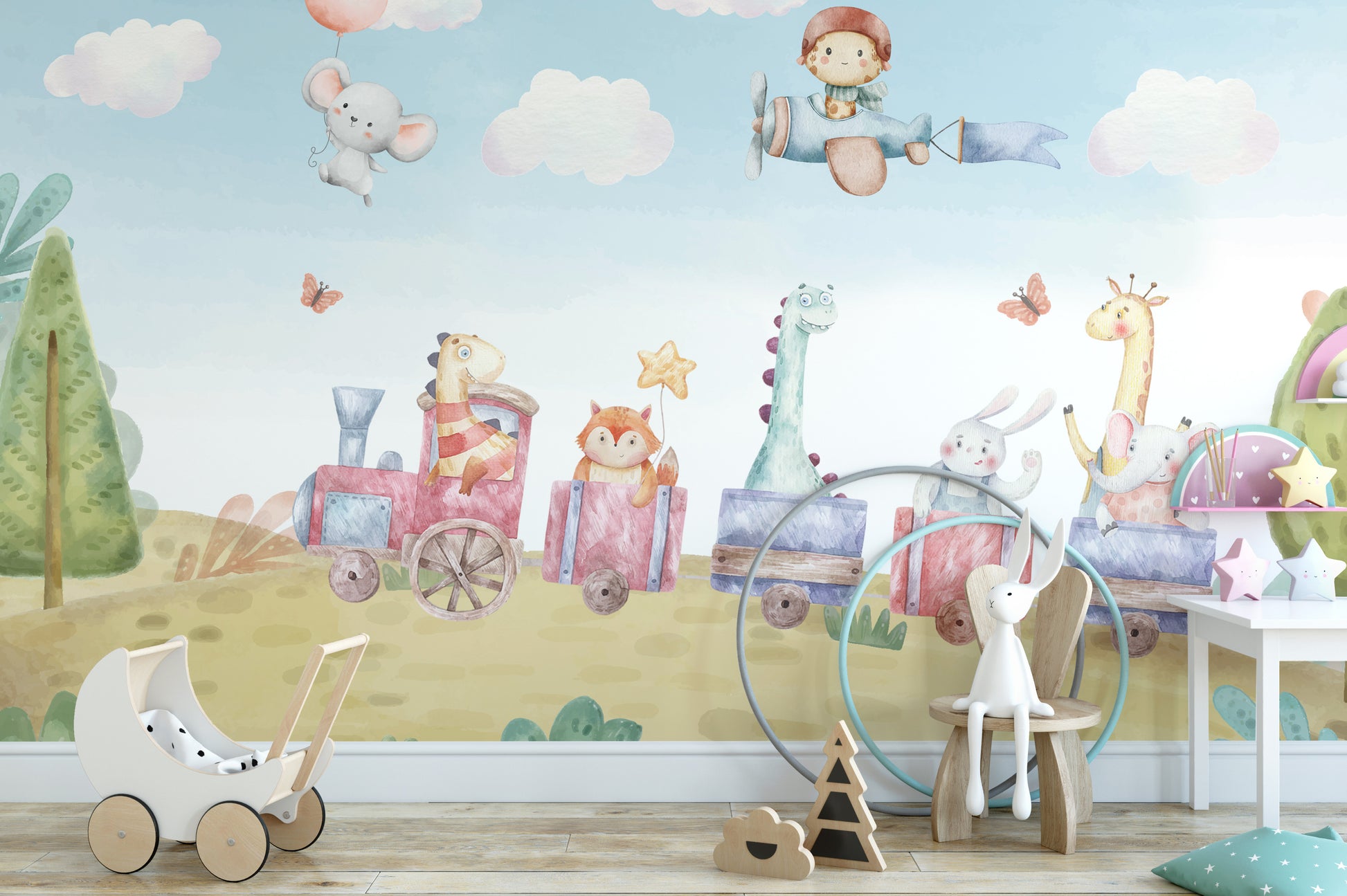 Playful cartoon animals riding a toy train mural