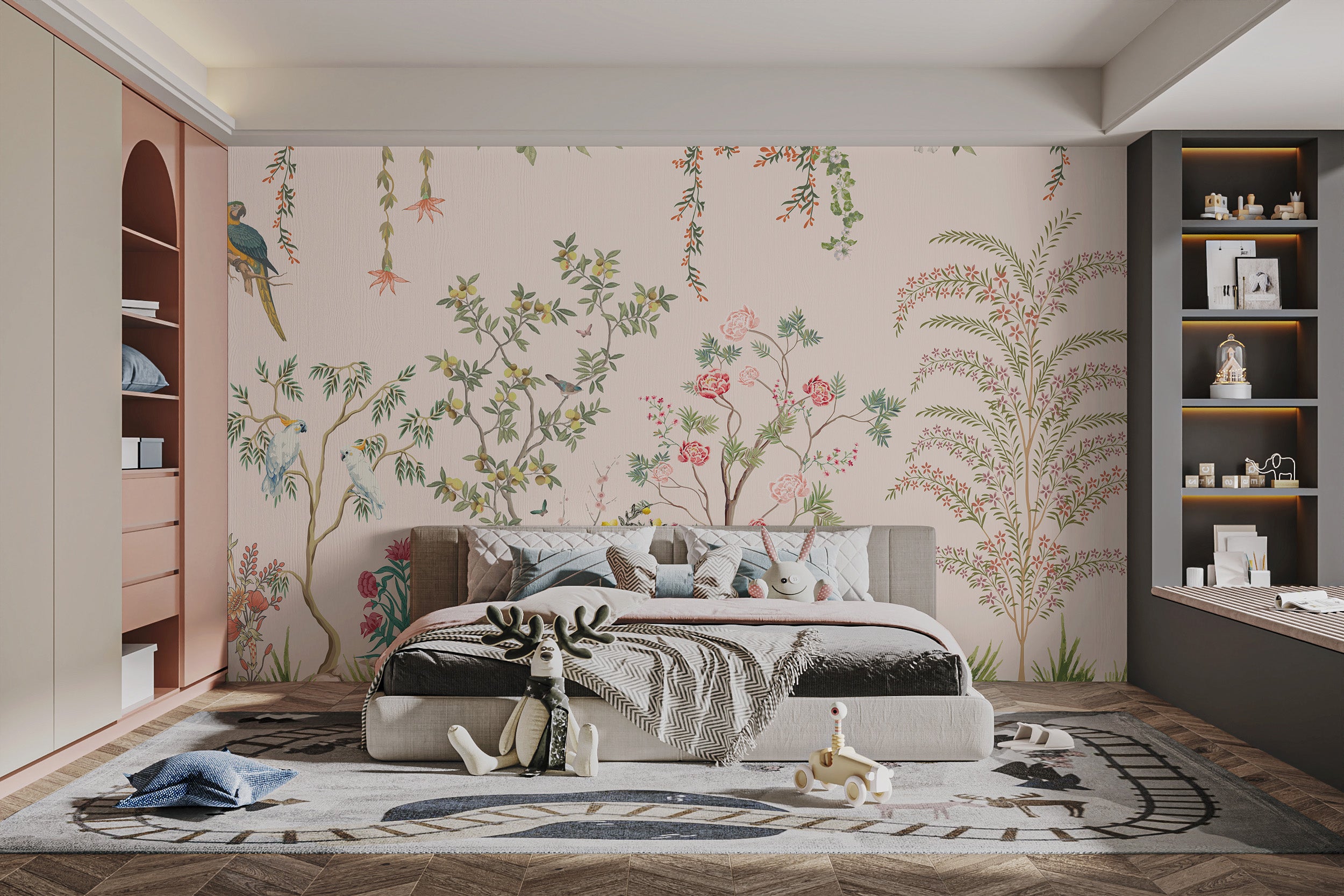 Vintage-inspired chinoiserie wallpaper mural scene