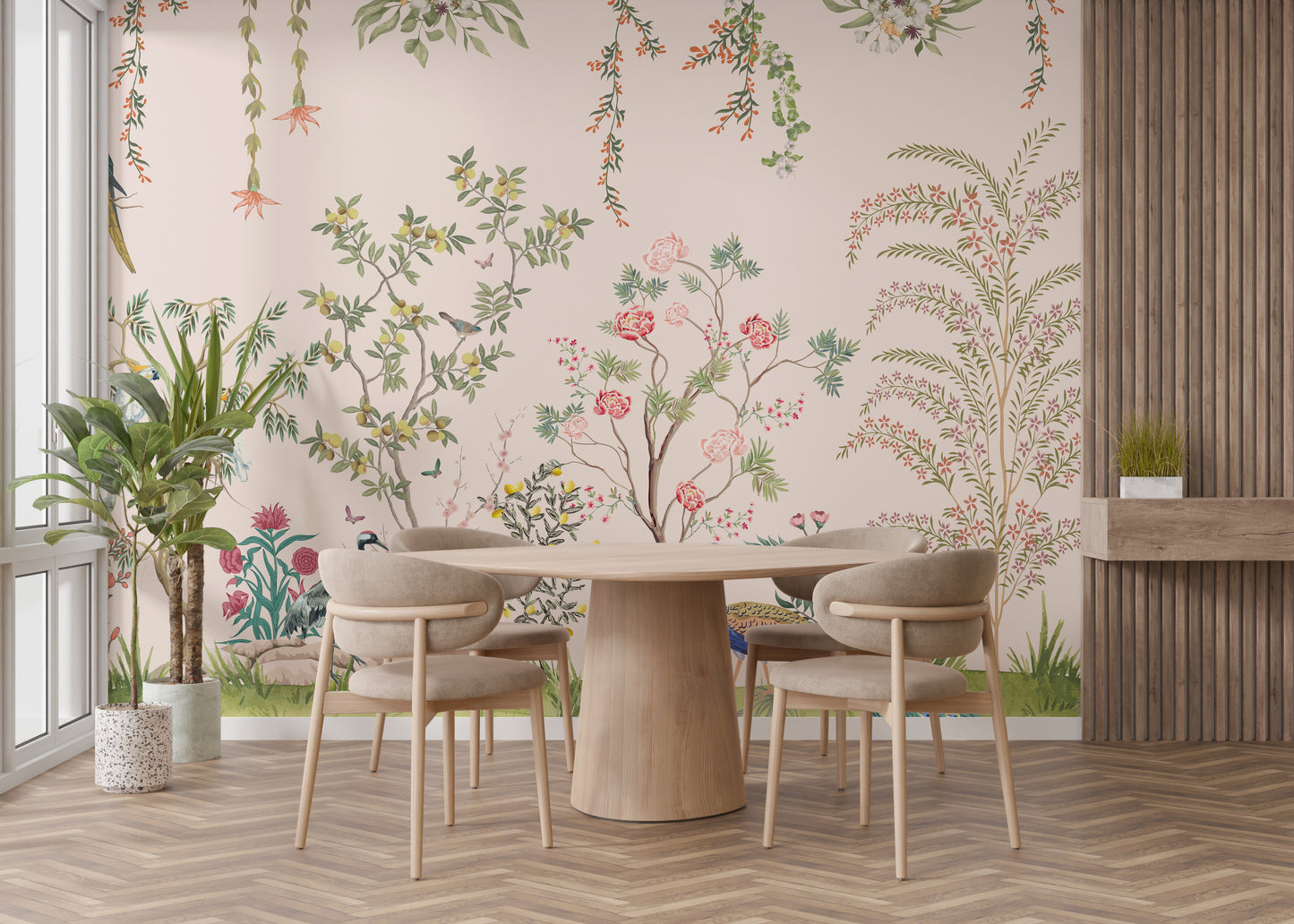 Oriental garden wallpaper with lush floral motifs