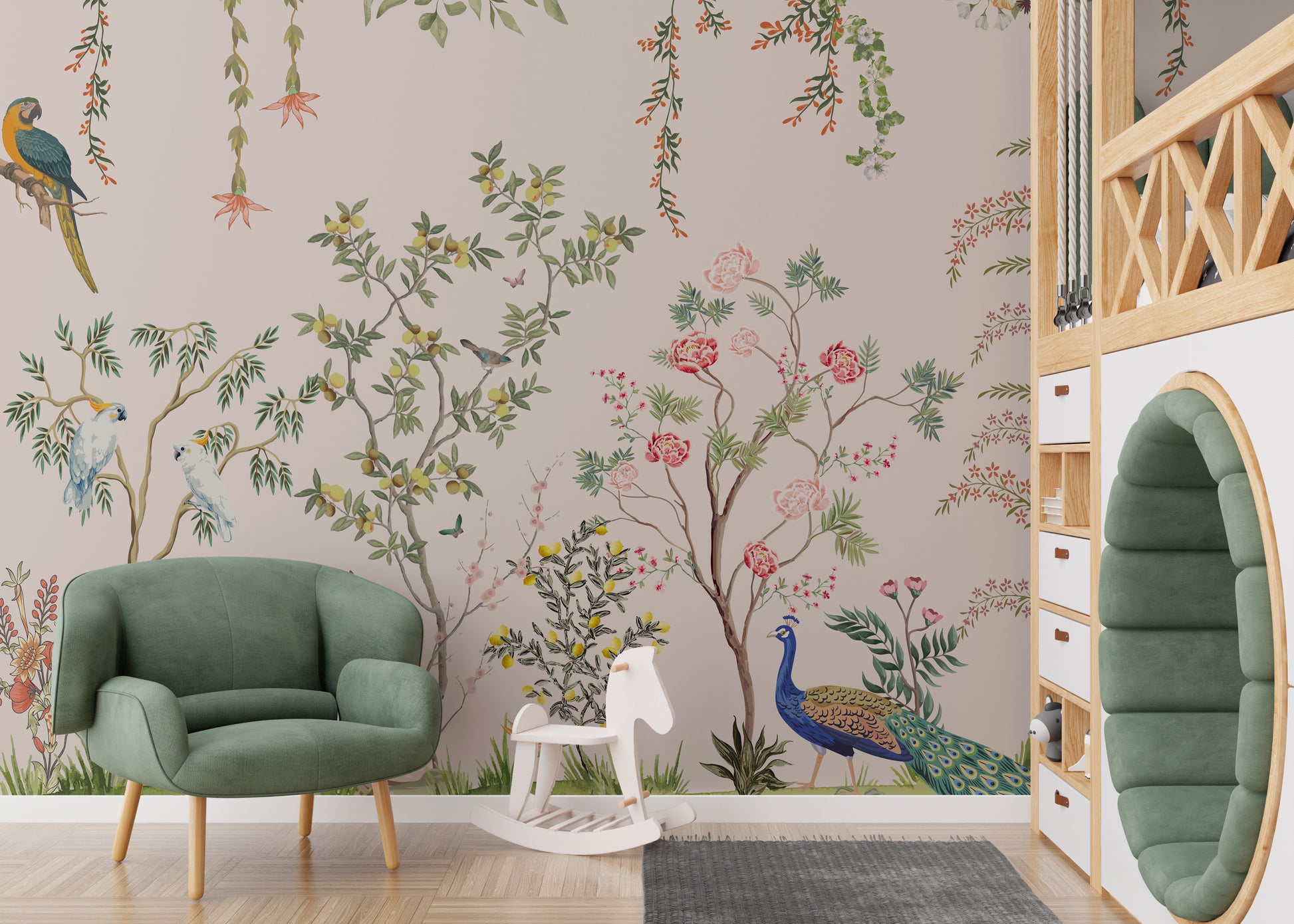 Elegant chinoiserie wallpaper featuring peacocks