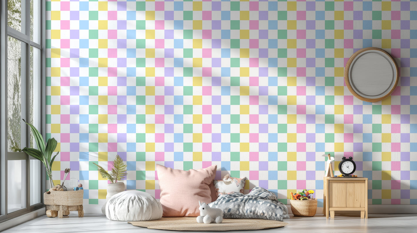 Multicolored checkered wallpaper with soft hues