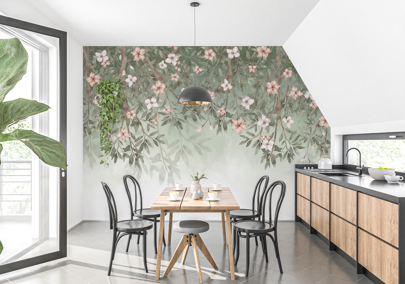 Nature-inspired green leaf and flower wallpaper