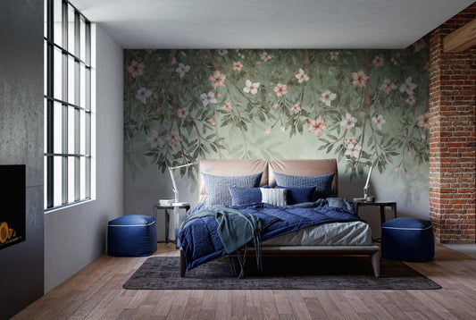 Elegant hanging floral wallpaper with soft pastel tones