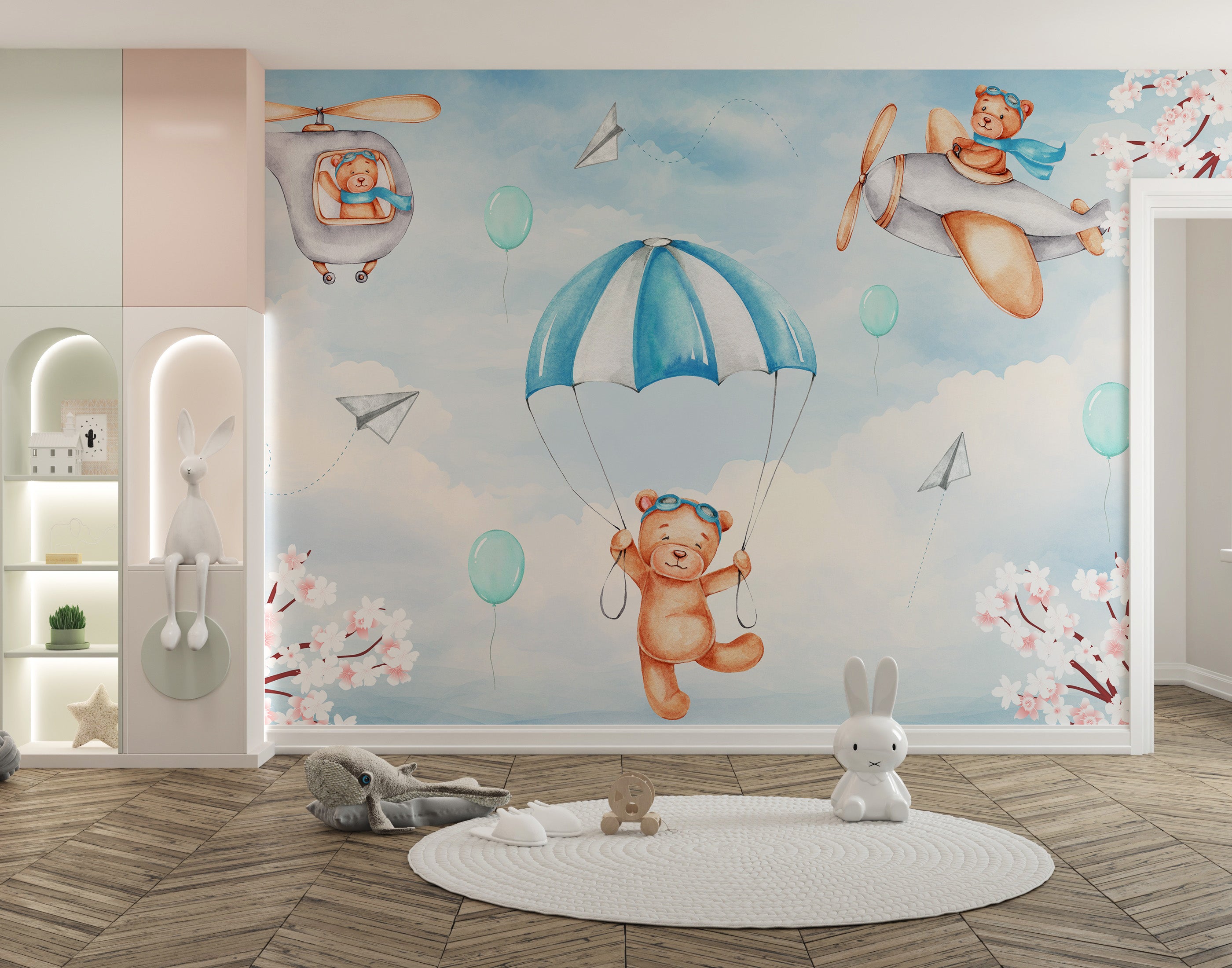 Parachute teddy bear and cherry blossoms wallpaper art