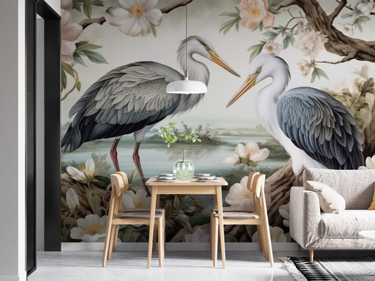 Serene heron lake wallpaper mural with floral details
