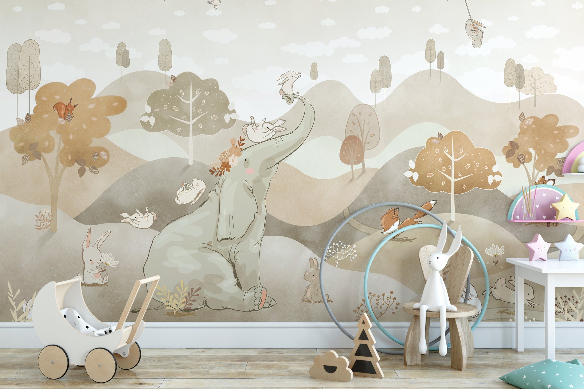 Woodland wallpaper with animals, perfect for kids rooms