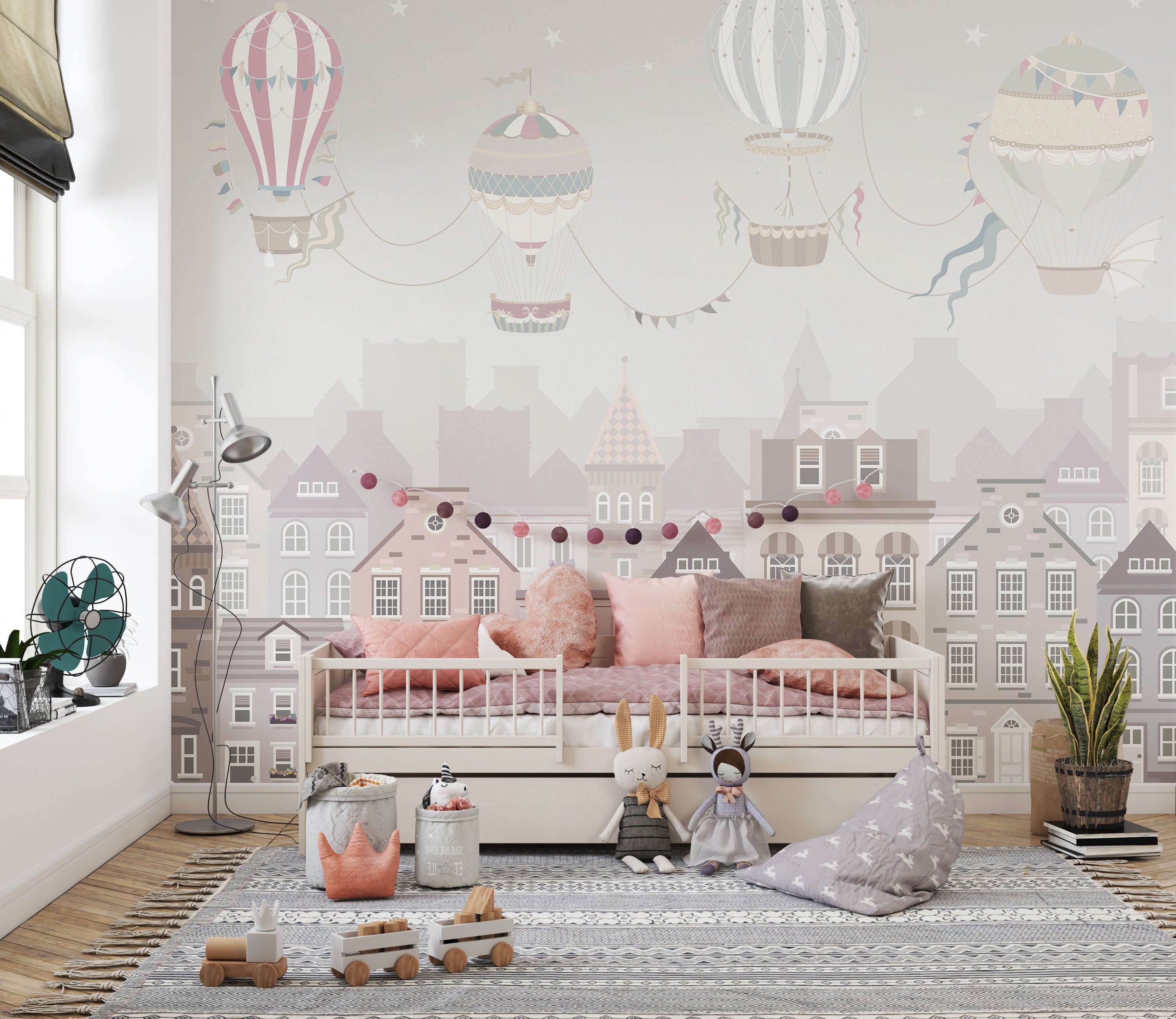 City and sky-themed wallpaper for kids' spaces