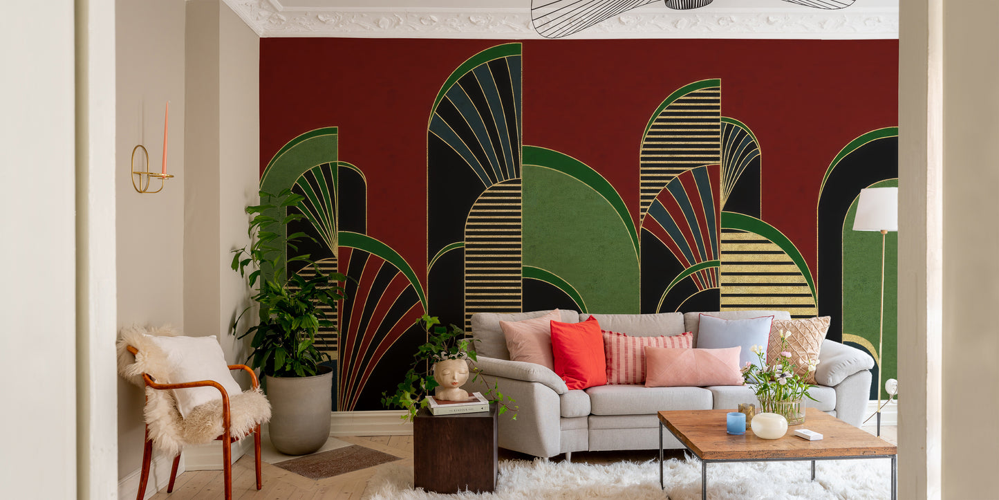 Bold vintage archway mural in vibrant hues
