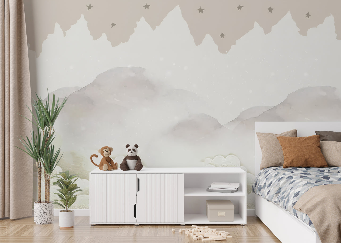 Mountain range mural with cloud-filled sky