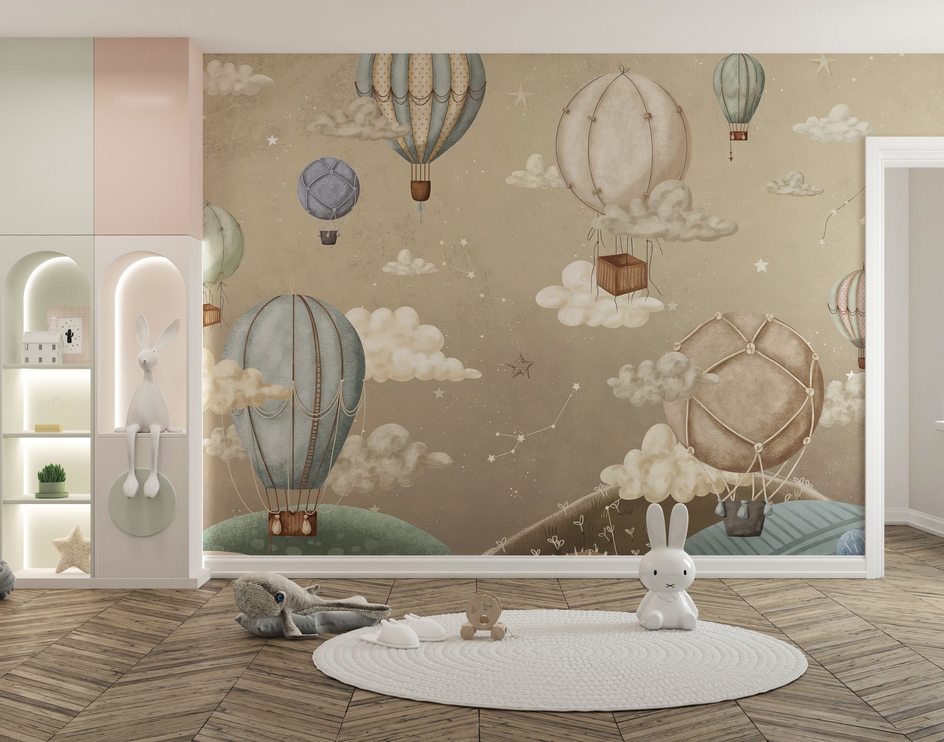 Gentle balloon adventure mural with clouds