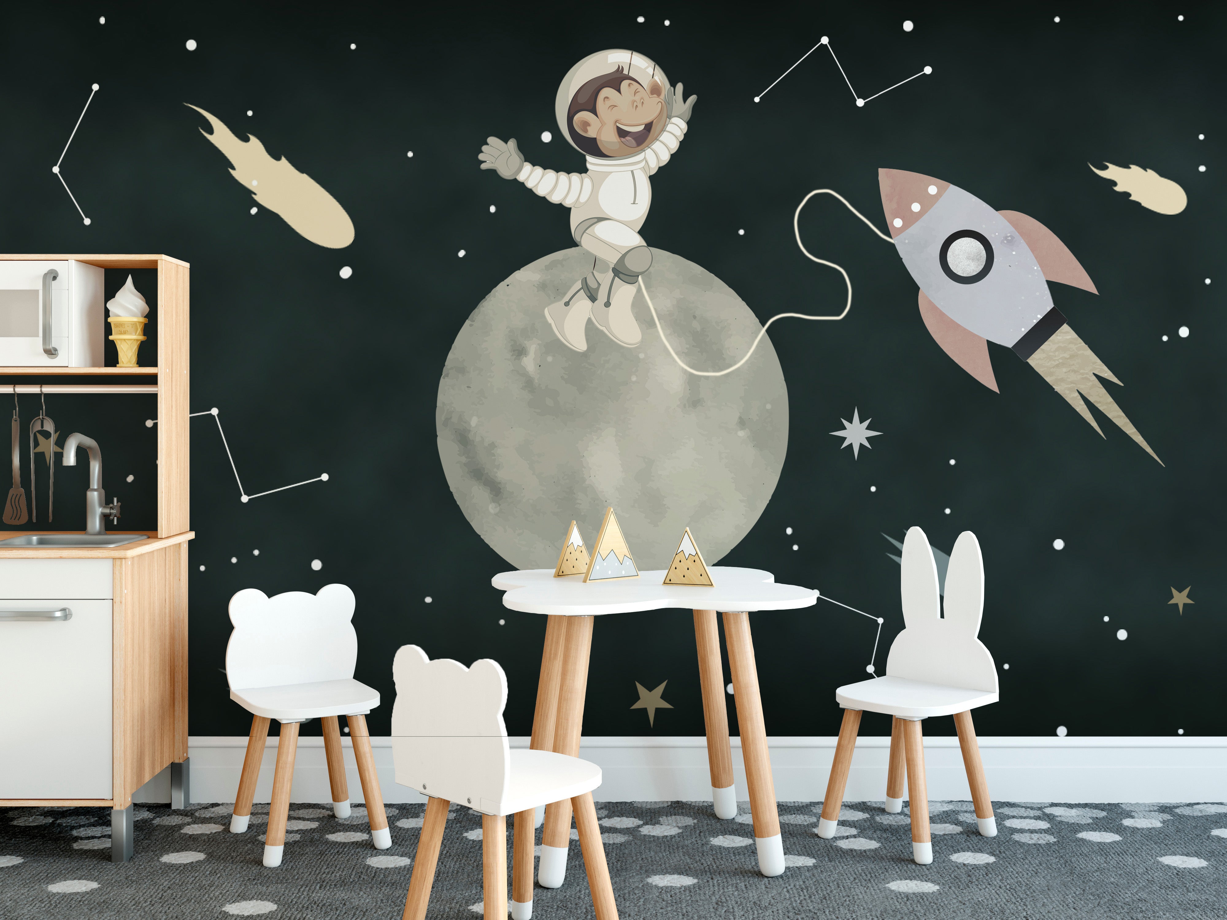 Kids space wallpaper with moon and rocket