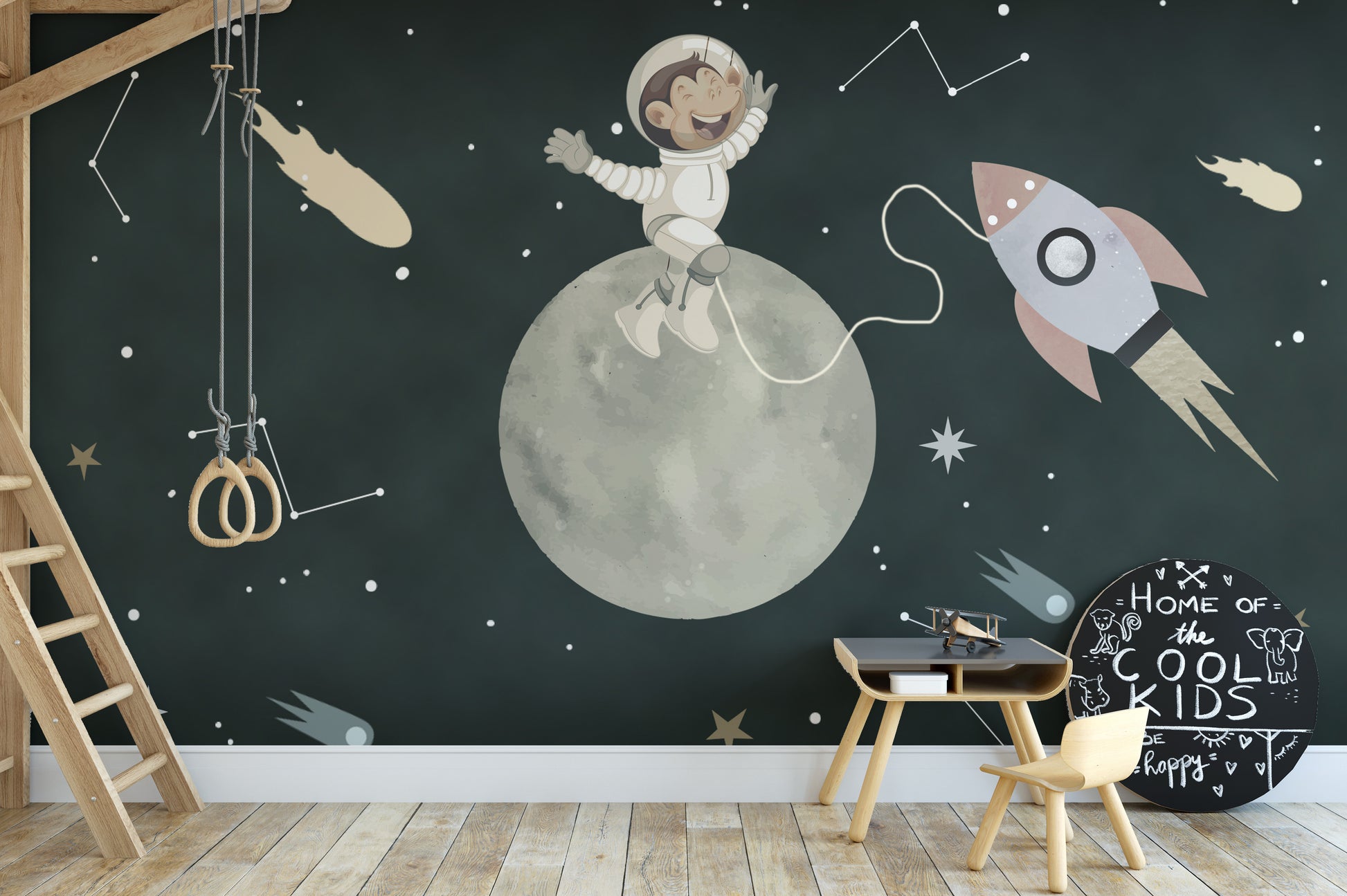 Space adventure mural with puppy and rocket