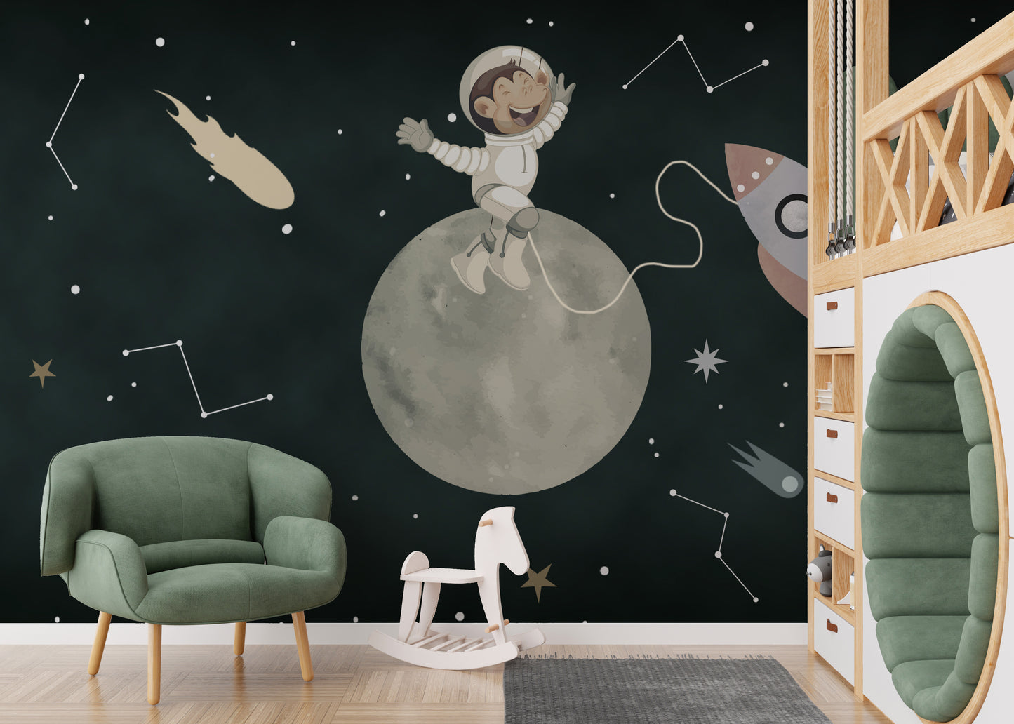 Space exploration mural with puppy astronaut