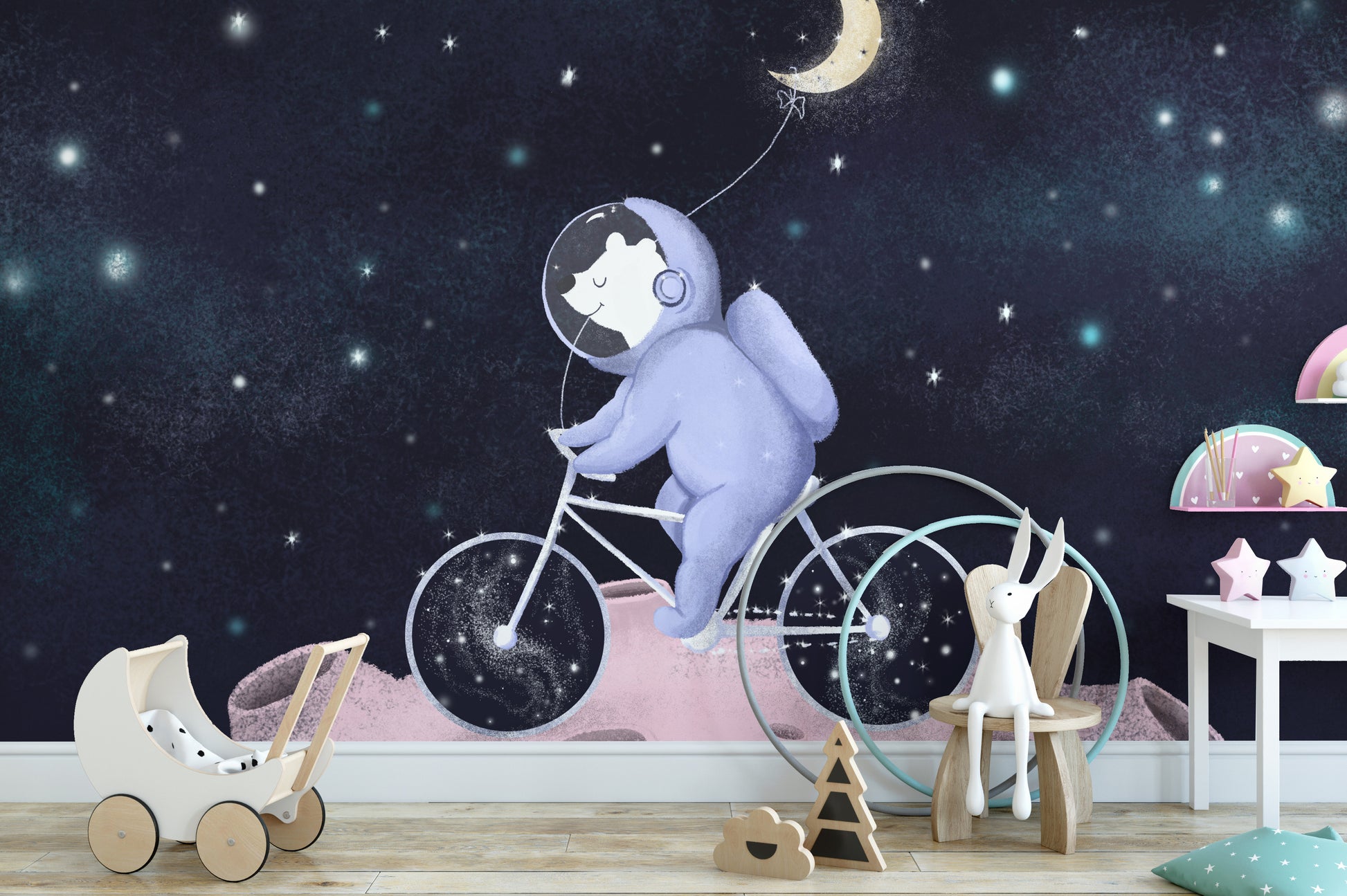 Playful bear in space riding bike wallpaper