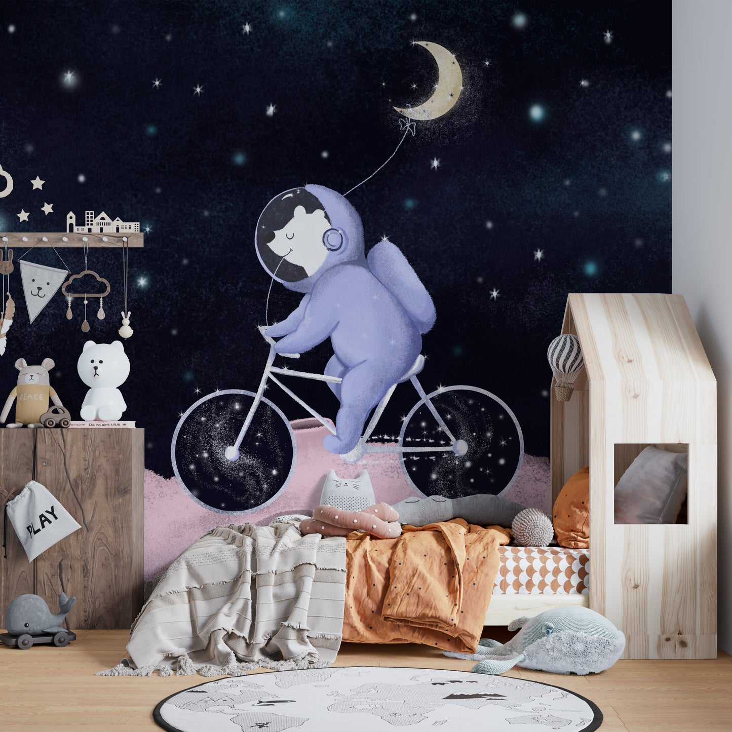 Moonlight scene with bear astronaut on bike