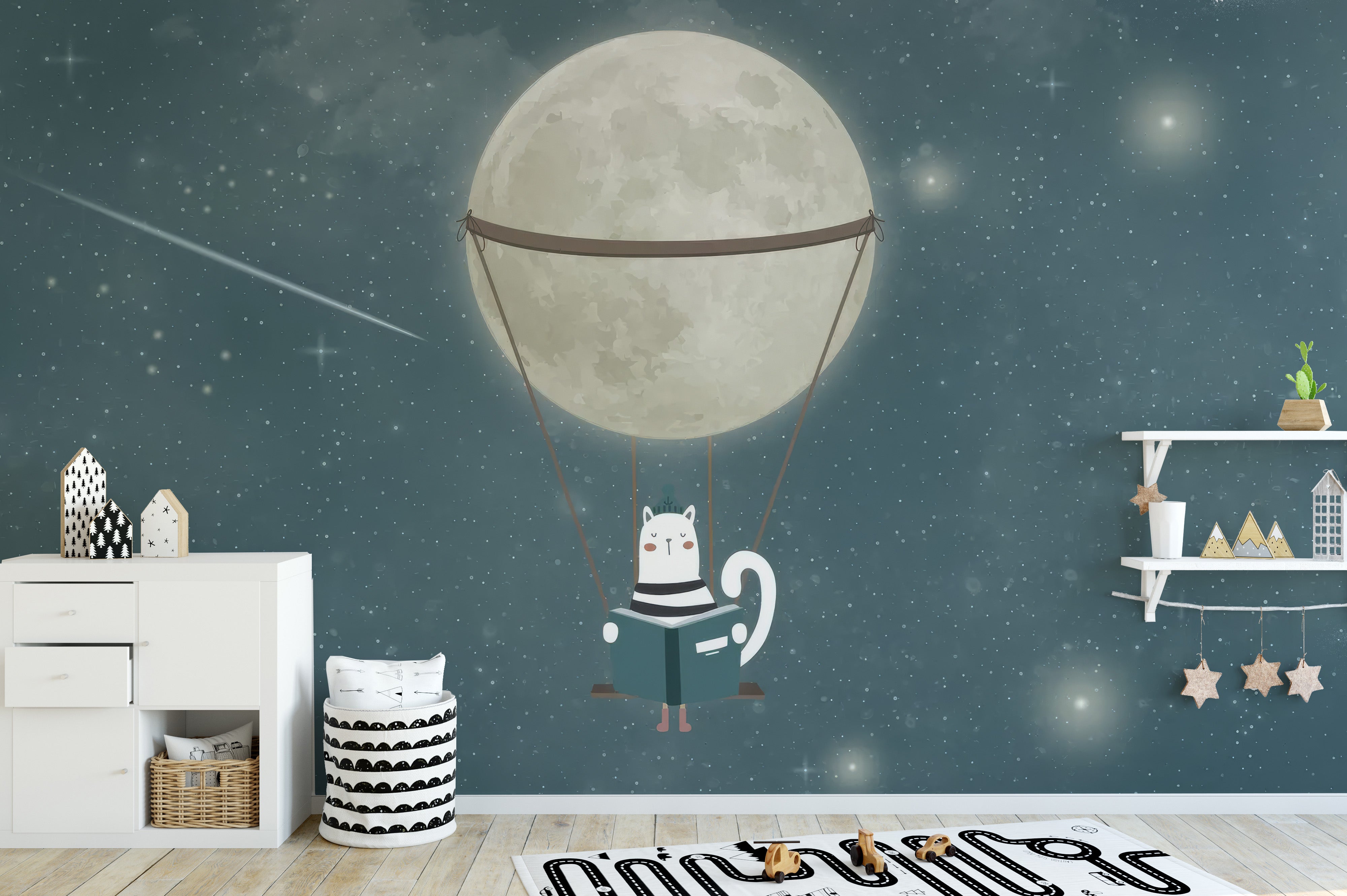 Cute cat in space with moon and stars mural