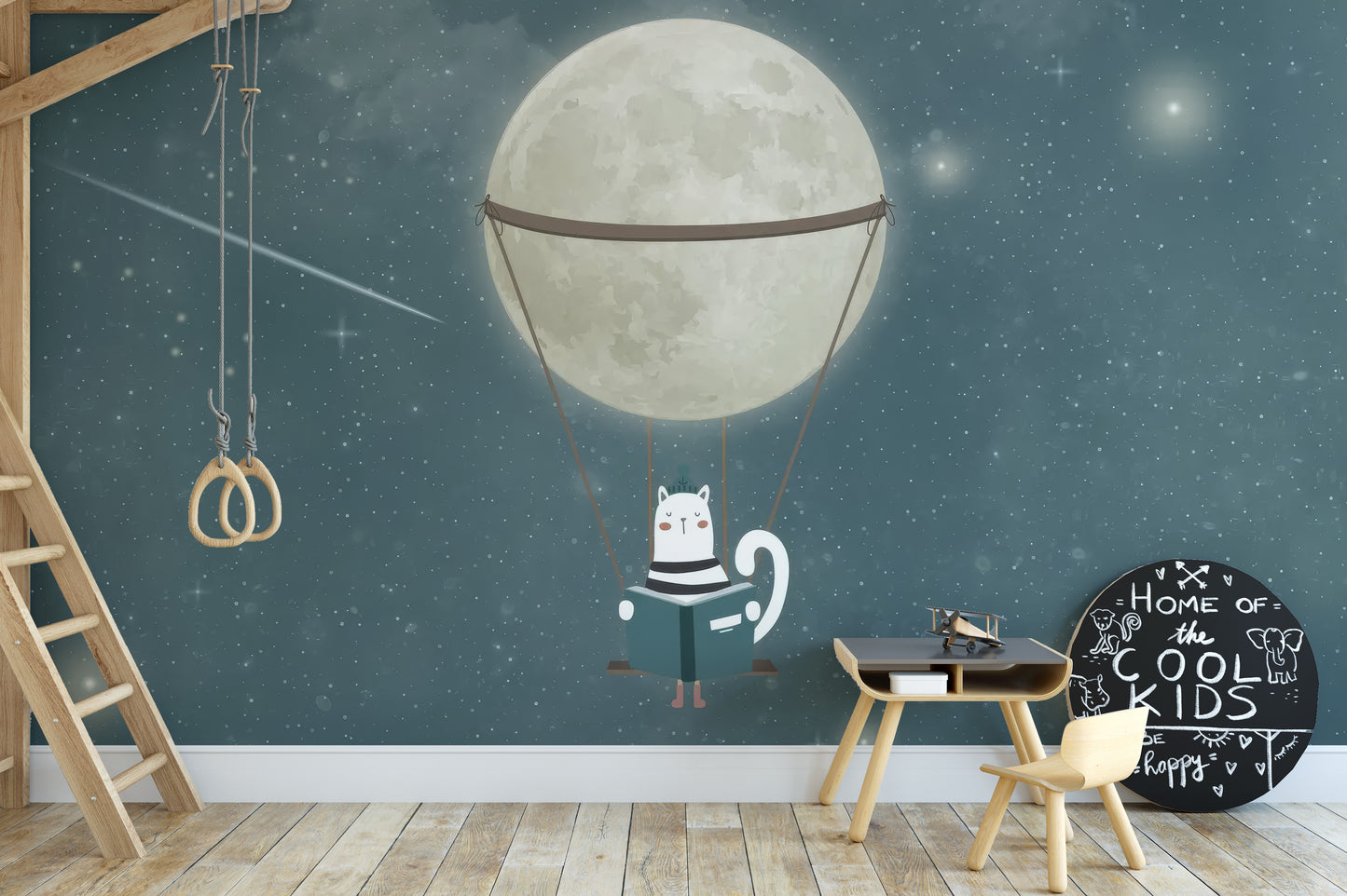 Cute cat on moon with books and stars mural