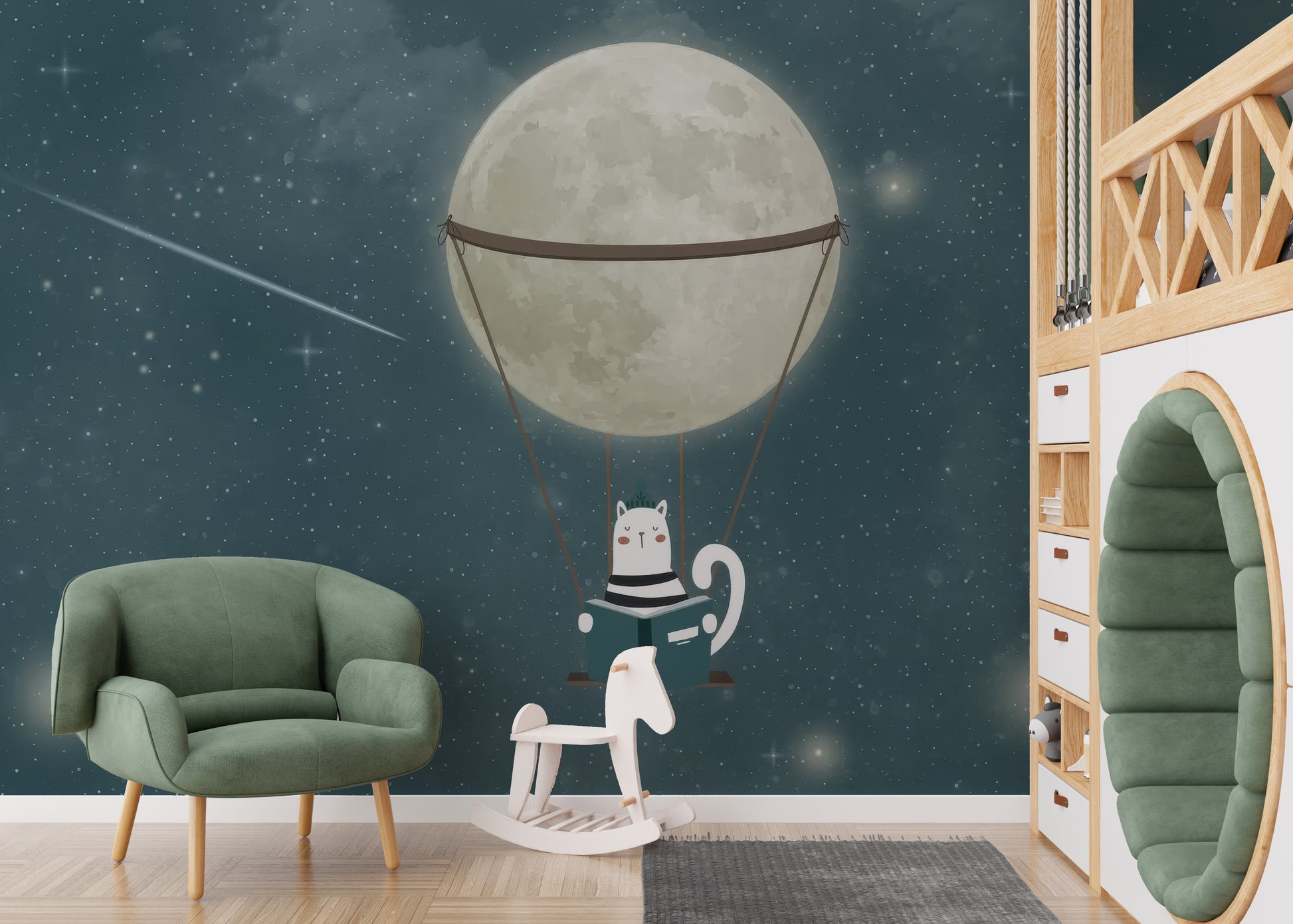 Charming cat with moon and stars mural for kids