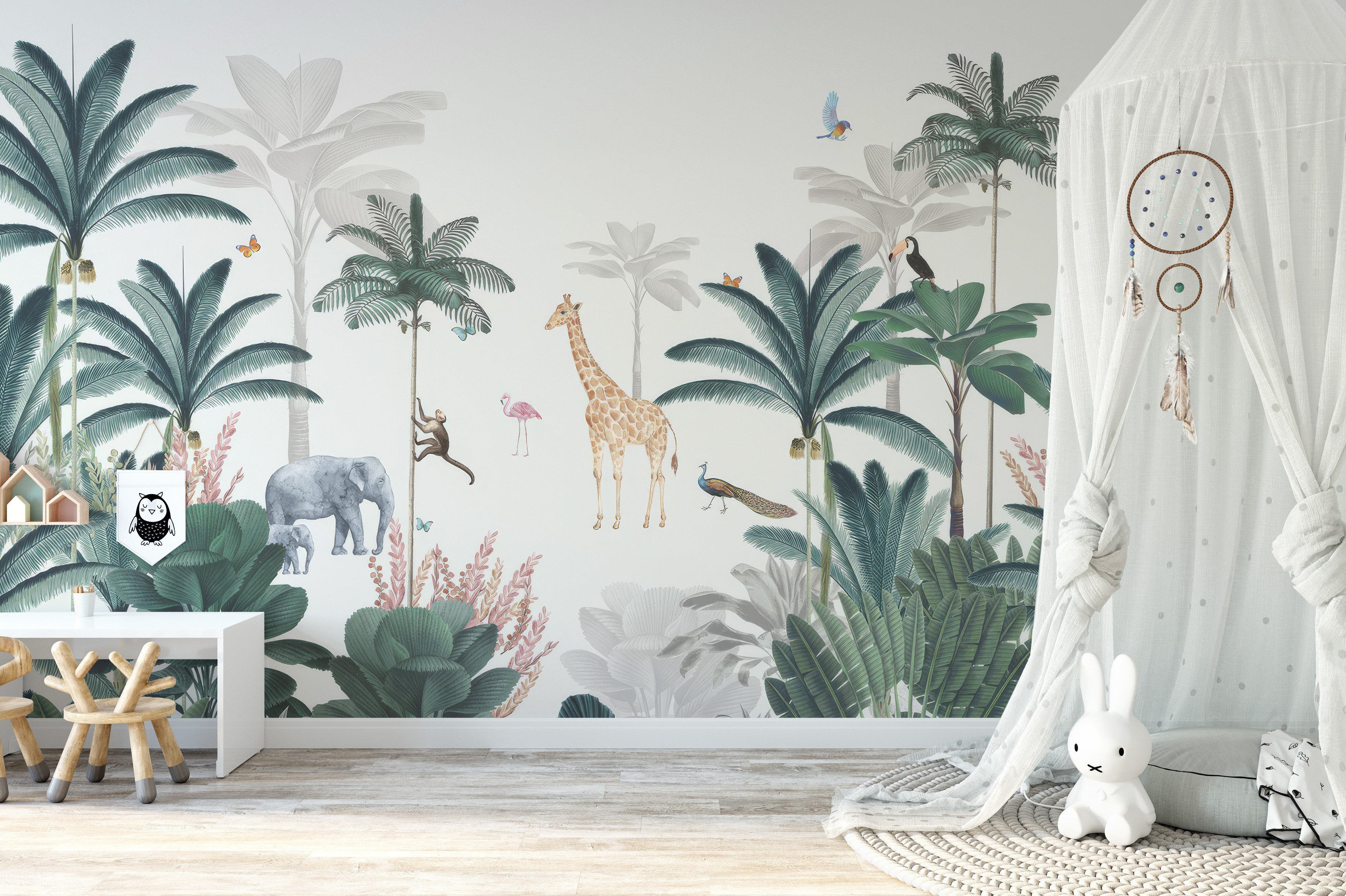 Safari wallpaper mural with birds and wildlife