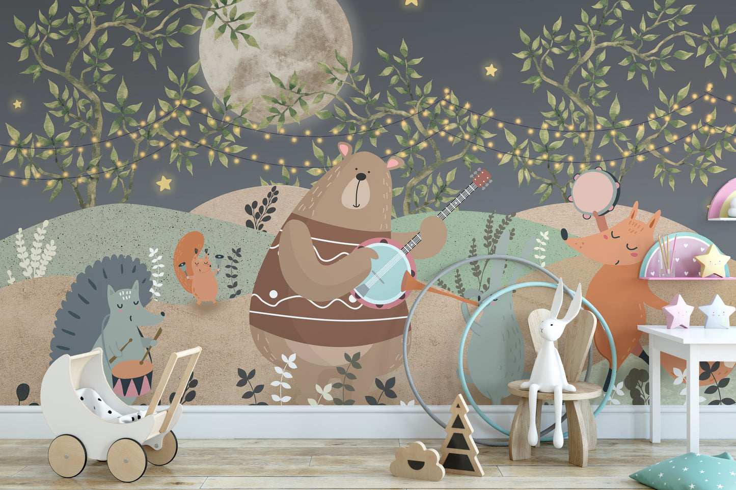 Magical woodland mural with starry sky