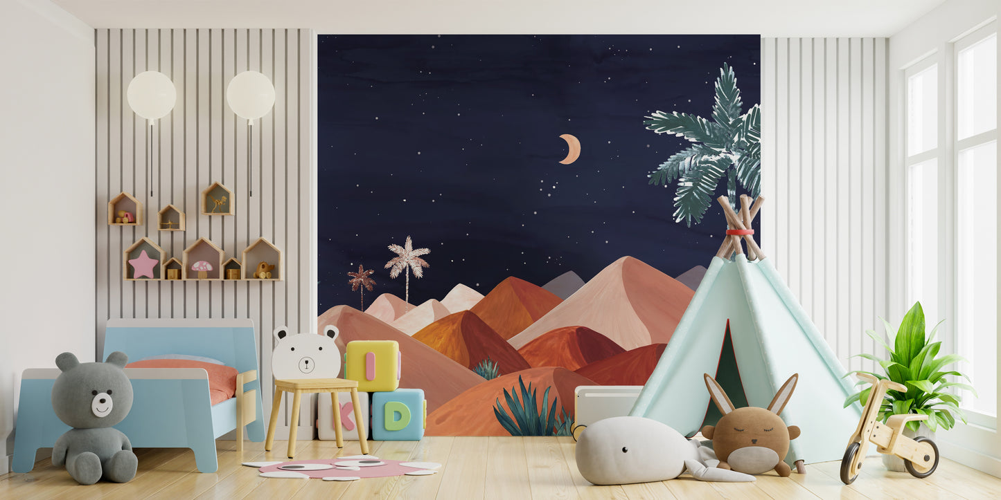 Serene night oasis mural with mountains