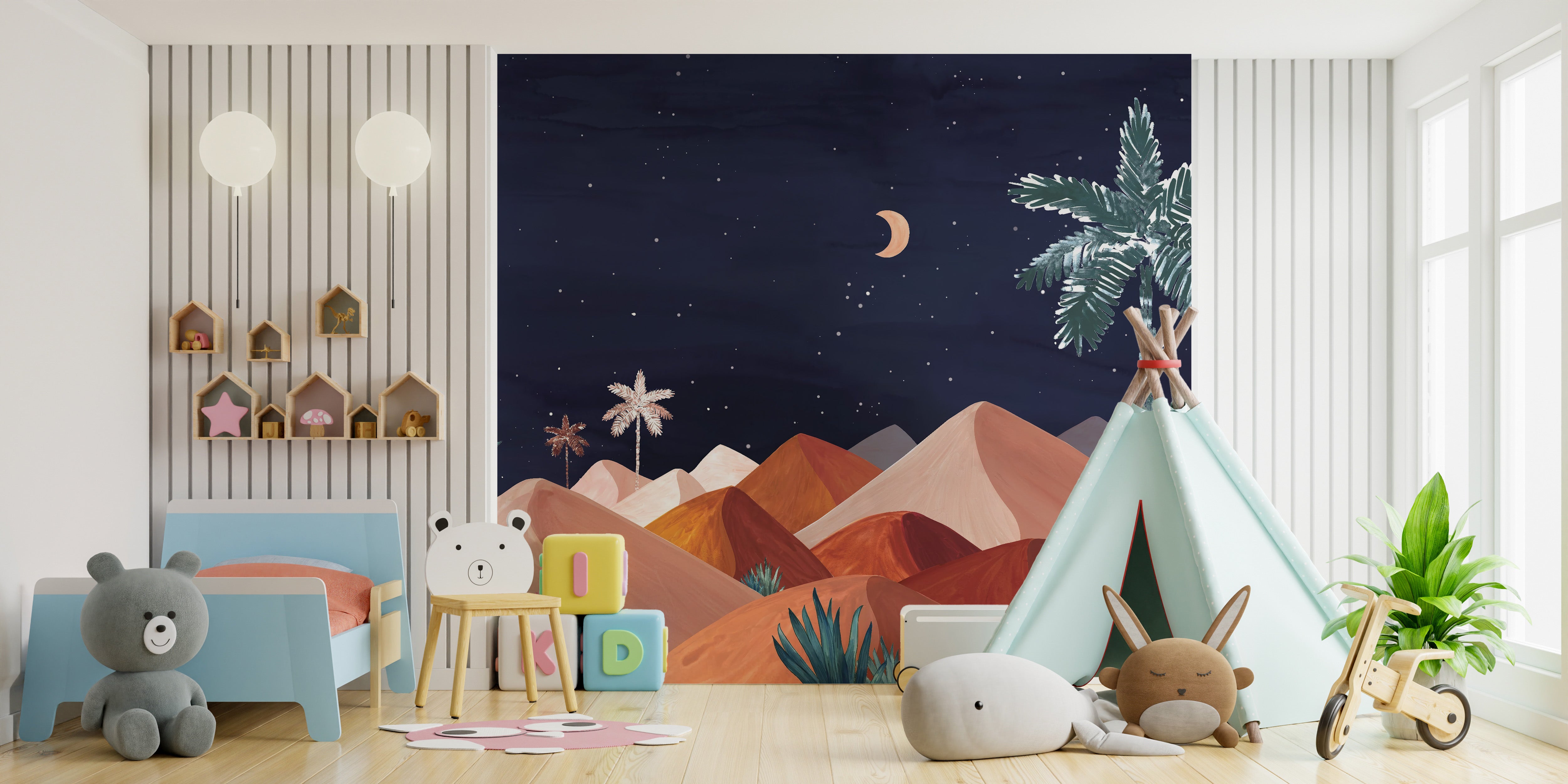 Serene night oasis mural with mountains