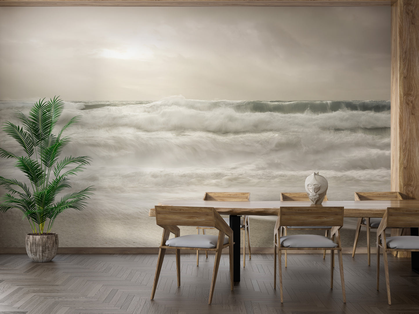 Majestic ocean waves mural in soft tones