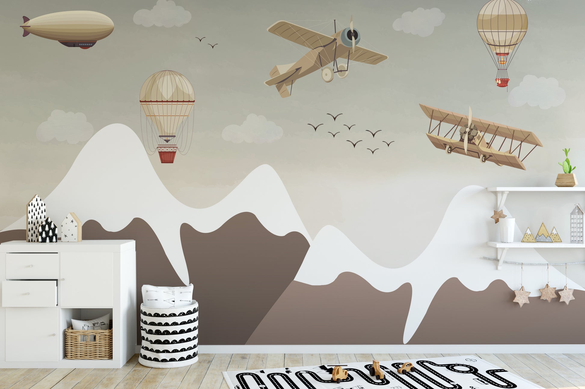 Children’s wallpaper  mural with flying machines and peaks