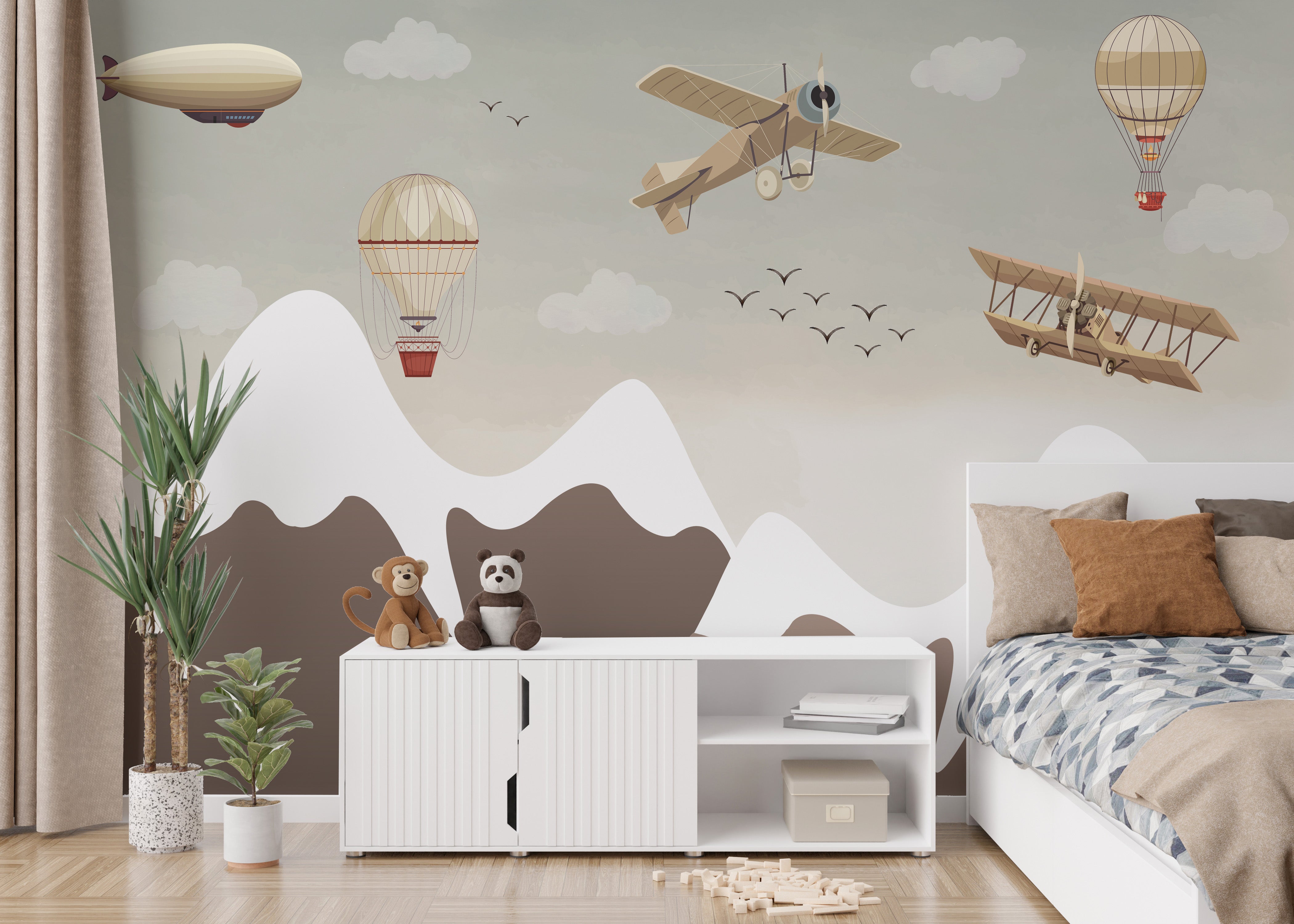 Playful vintage aircraft and mountain wallpaper mural