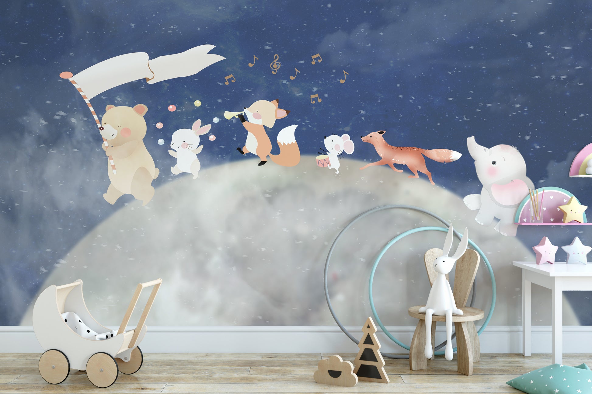 Cosmic journey wallpaper mural with playful animals