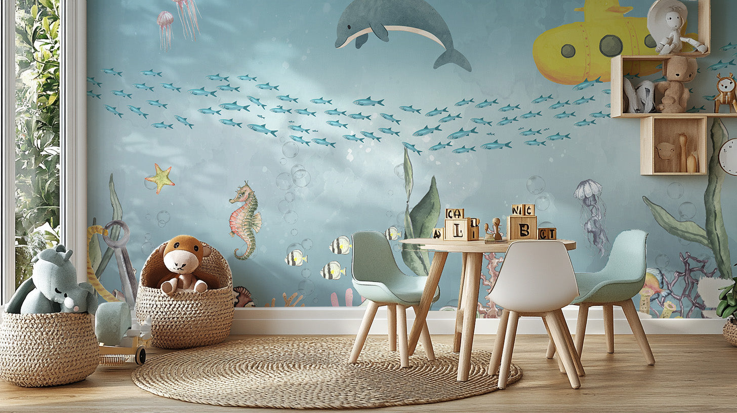 Dolphins swimming through ocean wallpaper mural