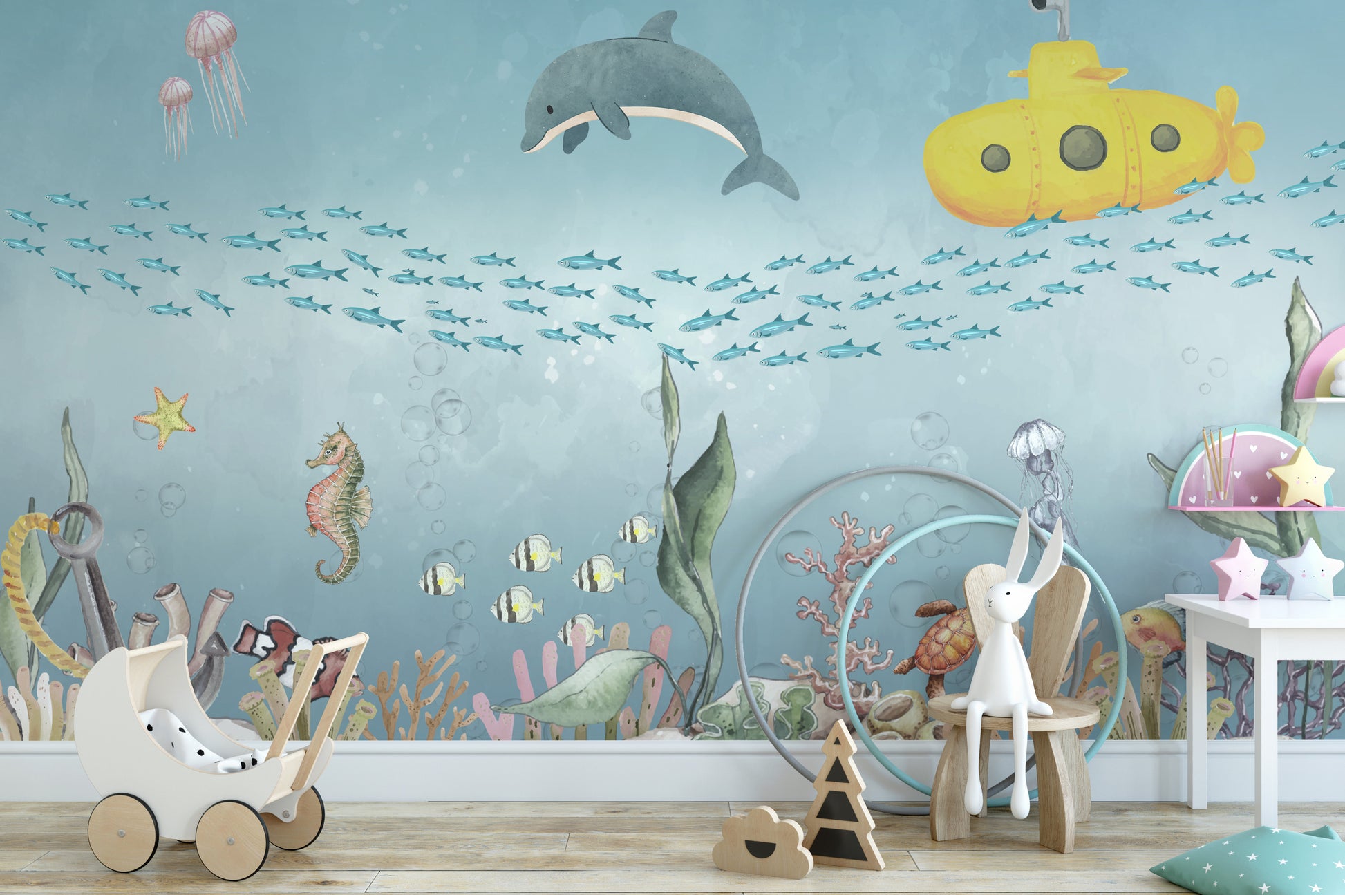 Vibrant ocean life wallpaper mural with sea creatures