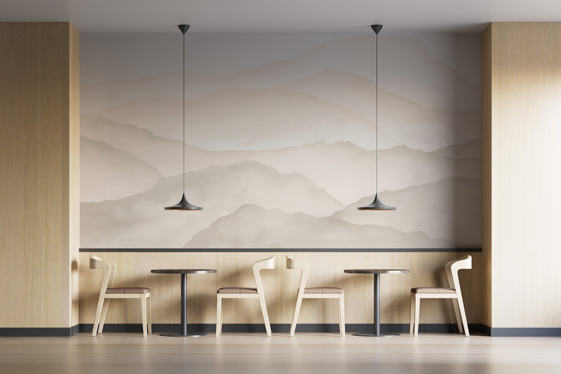 Modern watercolor mural featuring beige mountains