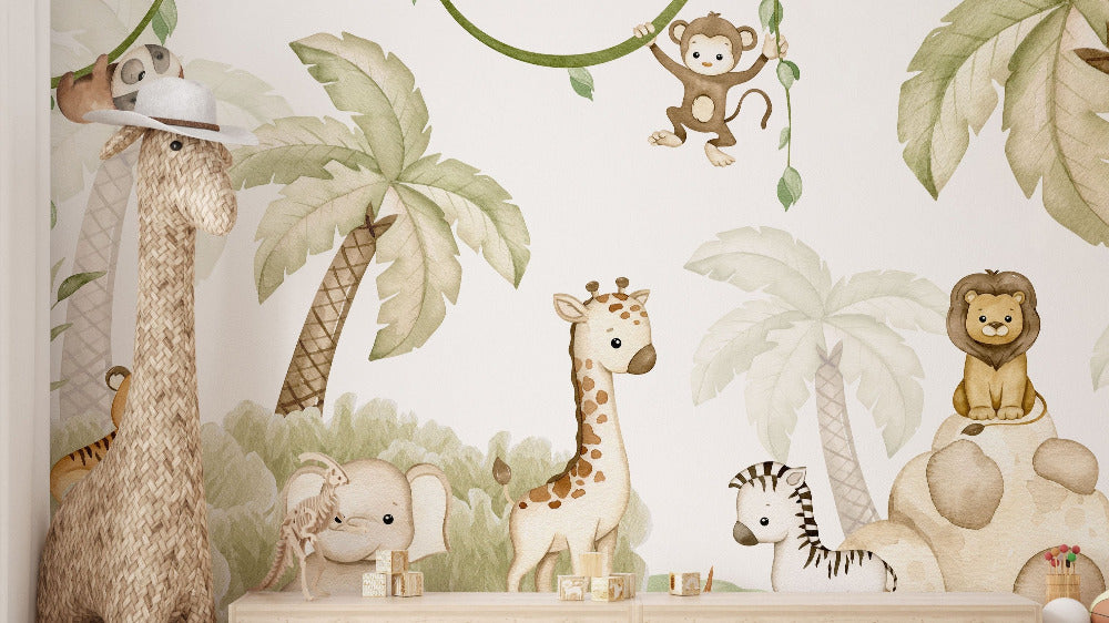 Children's wallpaper with playful designs, including animals, cartoons, and colorful patterns, creating a fun, imaginative room decor.