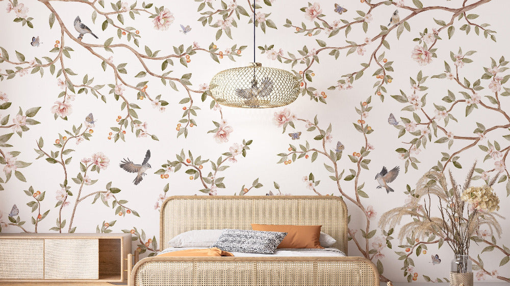 Chinoiserie wallpaper featuring intricate floral and nature-inspired motifs, adding an elegant, timeless touch to any room decor.