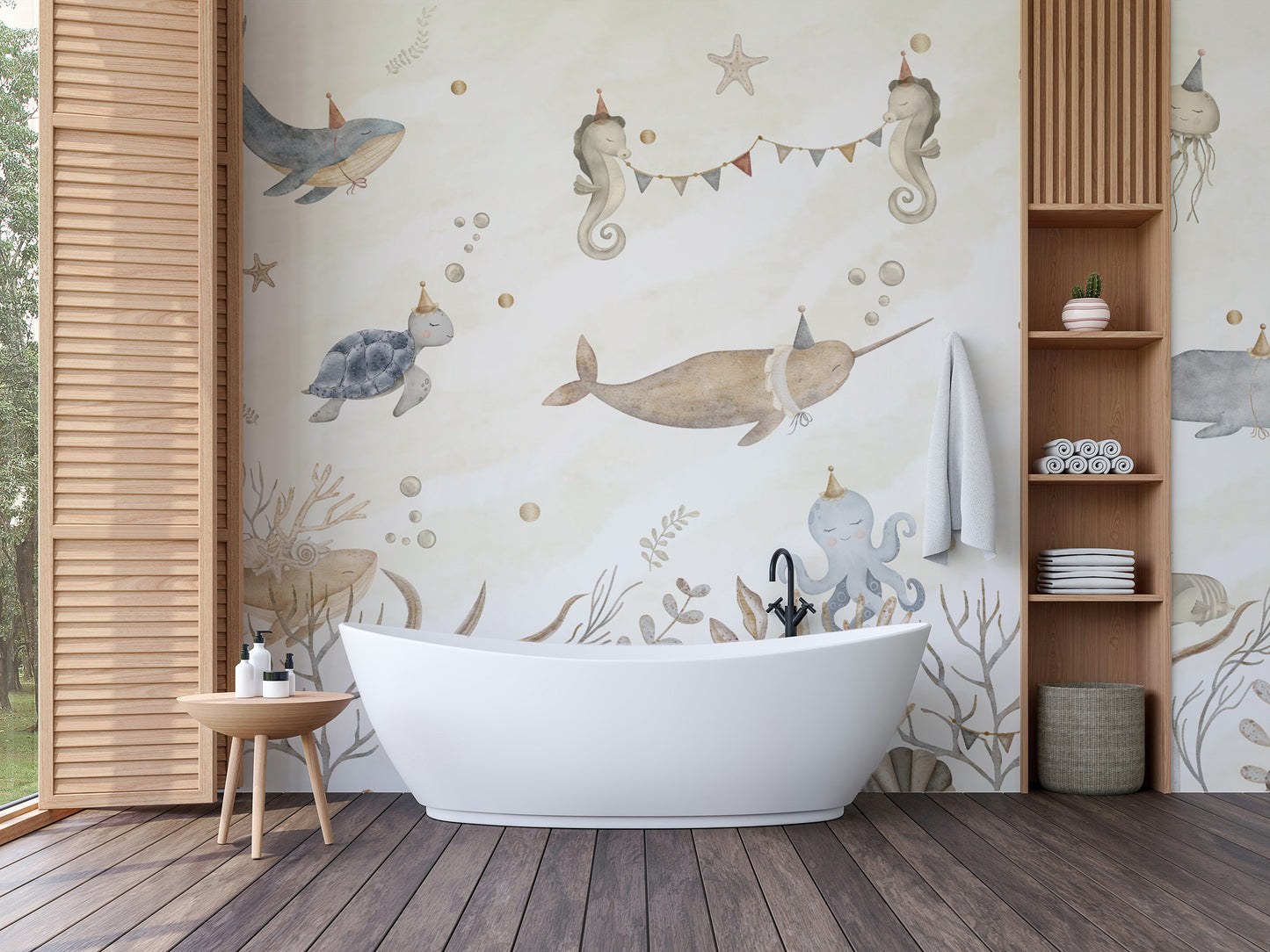 Underwater fantasy wallpaper mural with whimsical sea life
