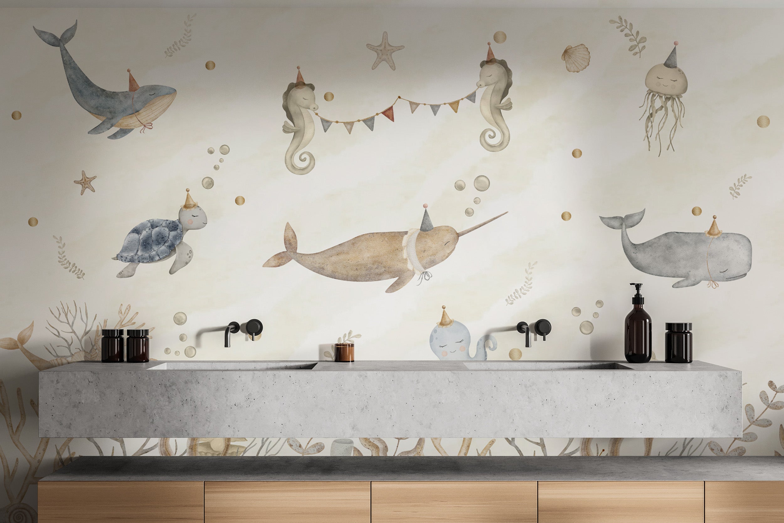 Playful underwater scene mural with happy ocean animals
